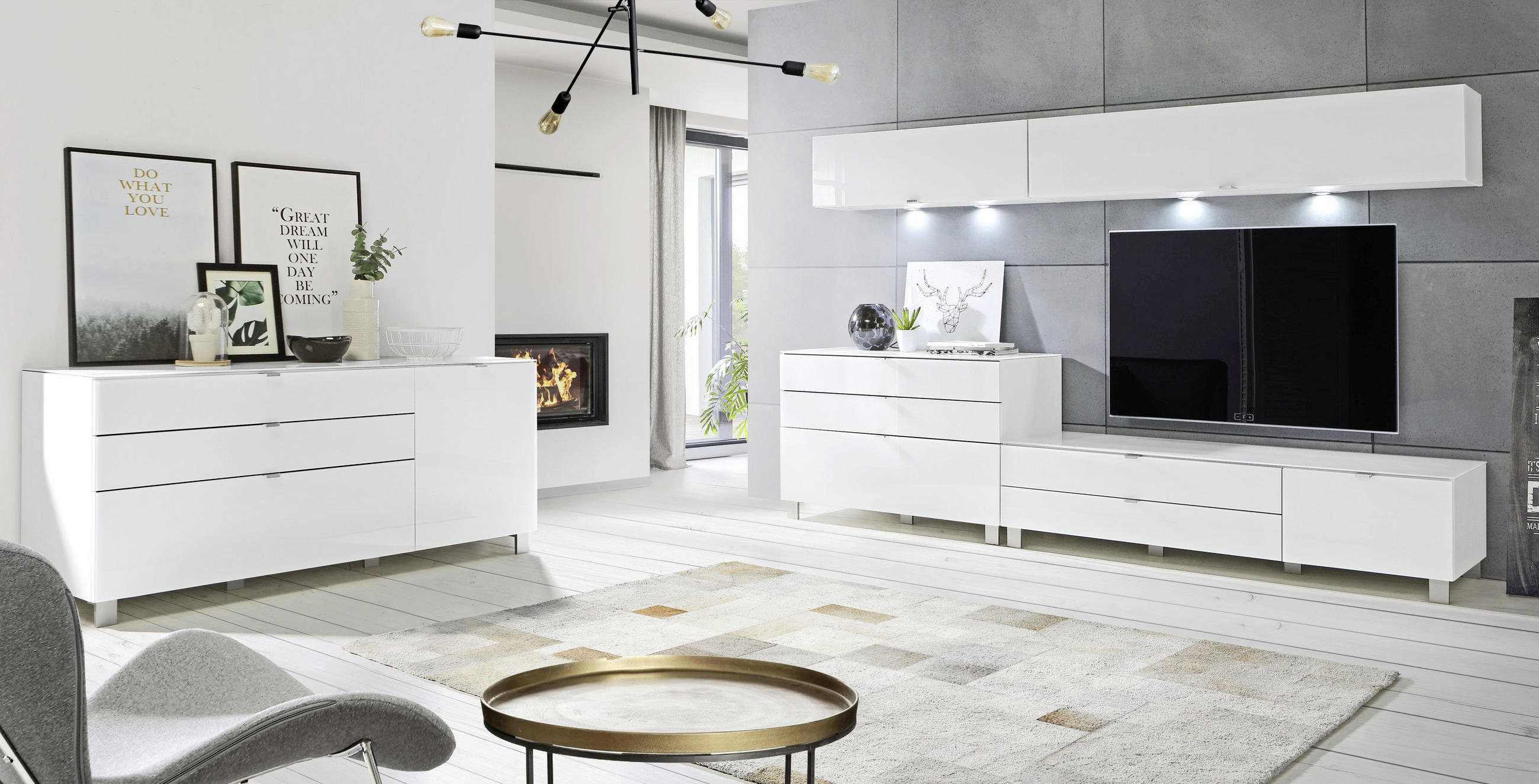 TV-ELEMENT  in 165/41,1/52,2 cm  - Weiss/Edelstahlfarben, Design, Glas/Holzwerkstoff (165/41,1/52,2cm) - Hom`in