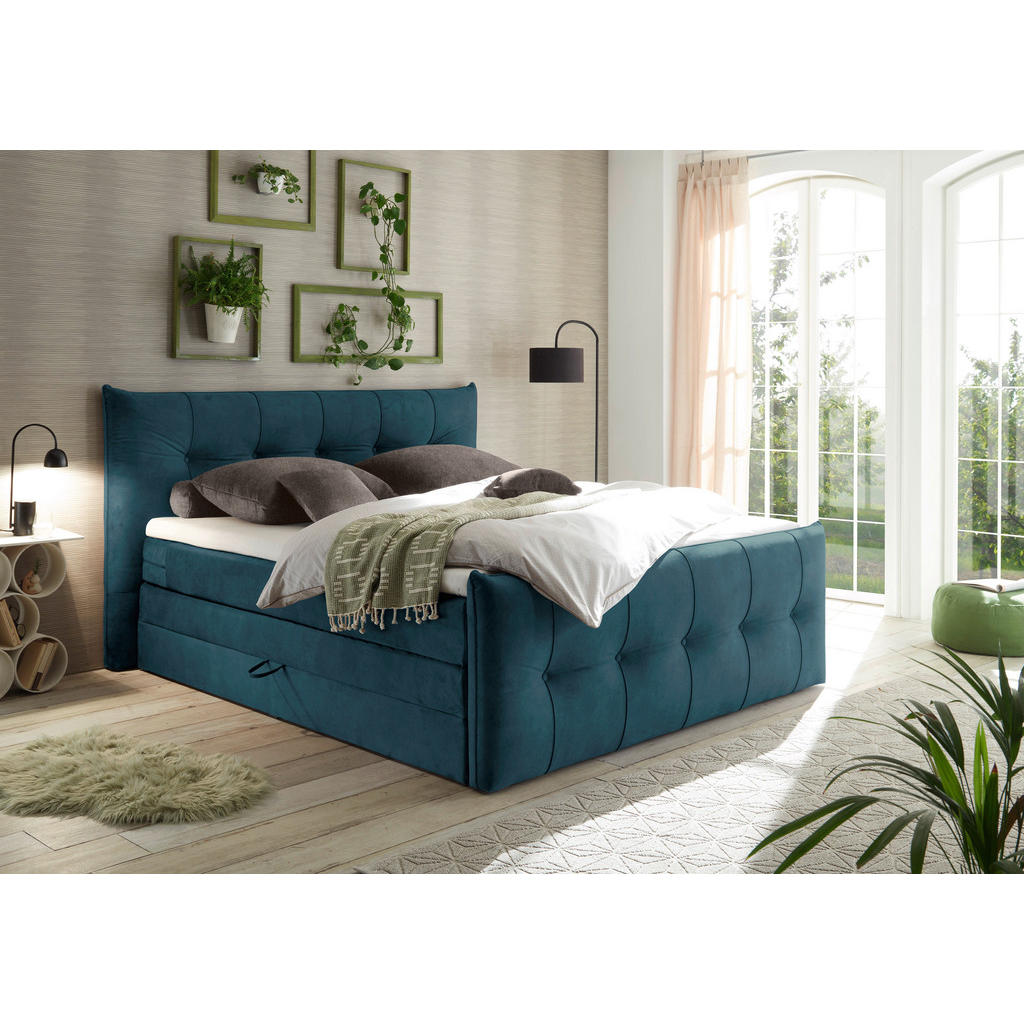 Thumbnail - Esposa Boxspringbett, Dunkelblau, Textil, H3 + H4, 7-Zonen, Höhe ca. 18 cm, 180x200 cm, Bettkasten, Topper durchgehend, ...