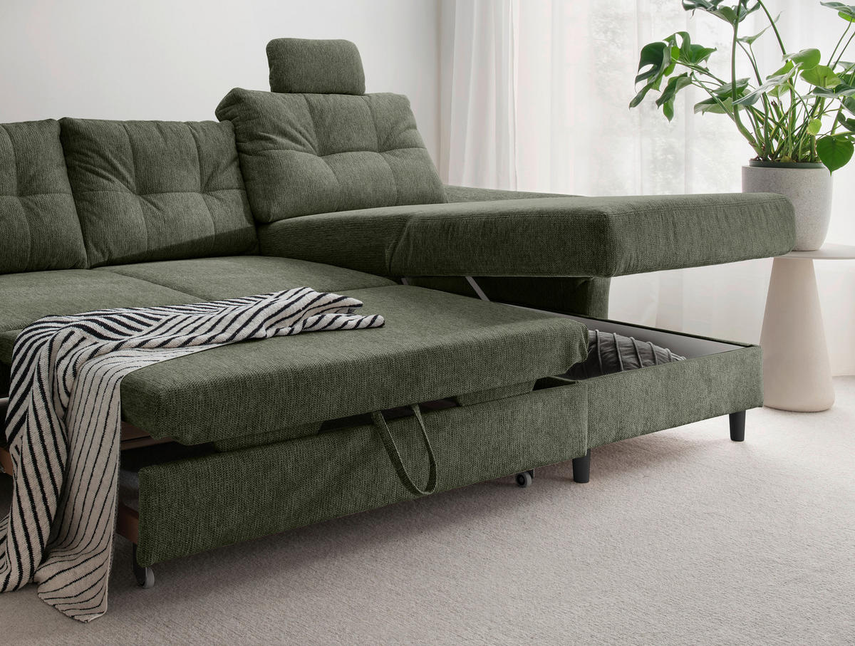 WOHNLANDSCHAFT in Chenille Dunkelgrün  - Dunkelgrün/Schwarz, Modern, Holz/Textil (206/338/176cm) - Livetastic