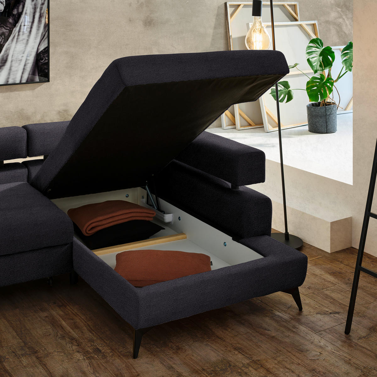 ECKSOFA in Chenille Schwarz  - Schwarz, Konventionell, Textil/Metall (265/184cm) - Hom`in