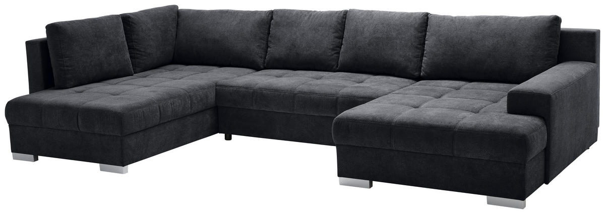 WOHNLANDSCHAFT Schwarz Velours  - Chromfarben/Schwarz, KONVENTIONELL, Kunststoff/Textil (198/363/170cm) - Hom`in