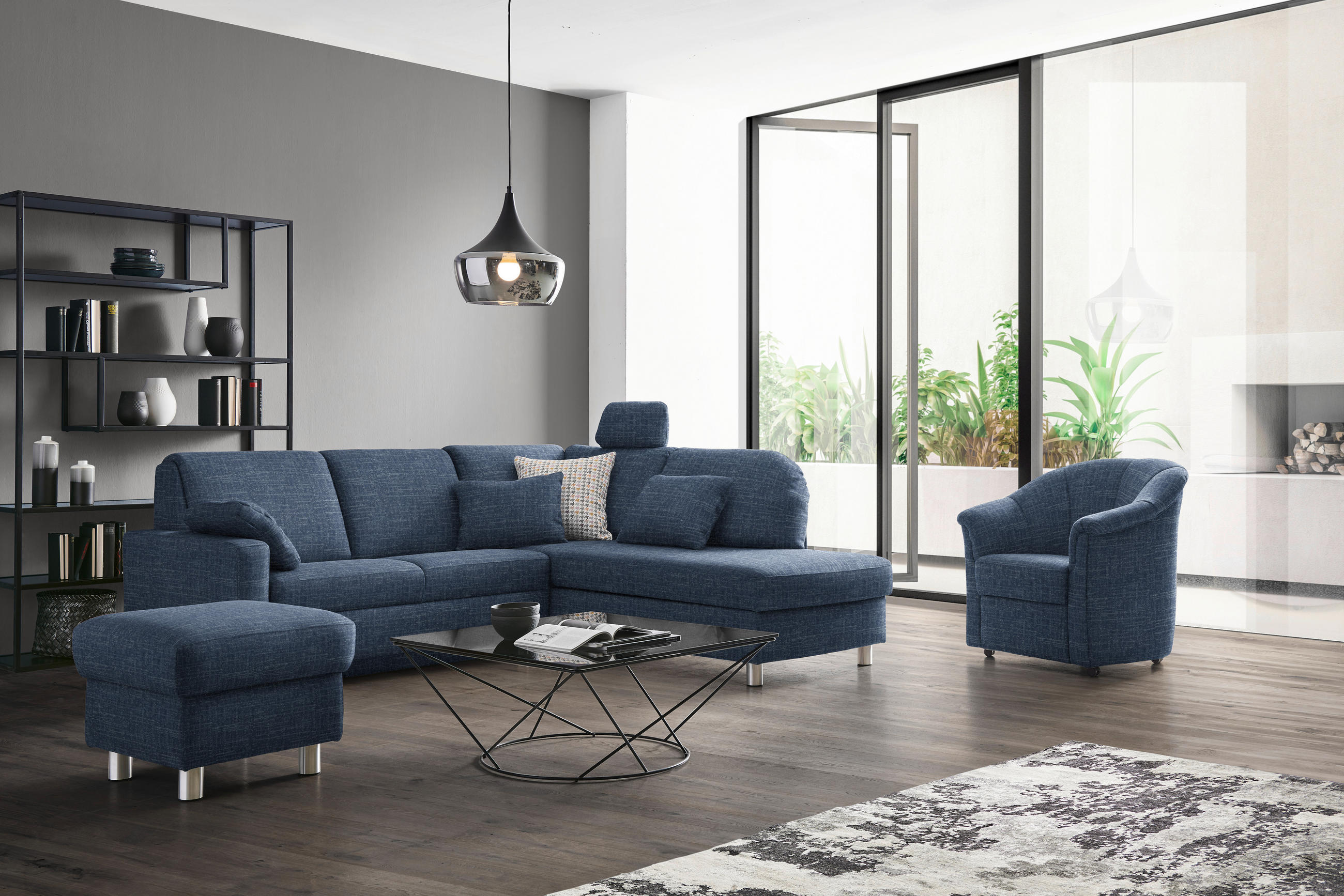 ECKSOFA in Chenille Blau  227/208 cm  - Blau/Alufarben, KONVENTIONELL, Textil/Metall (227/208cm) - Sedda