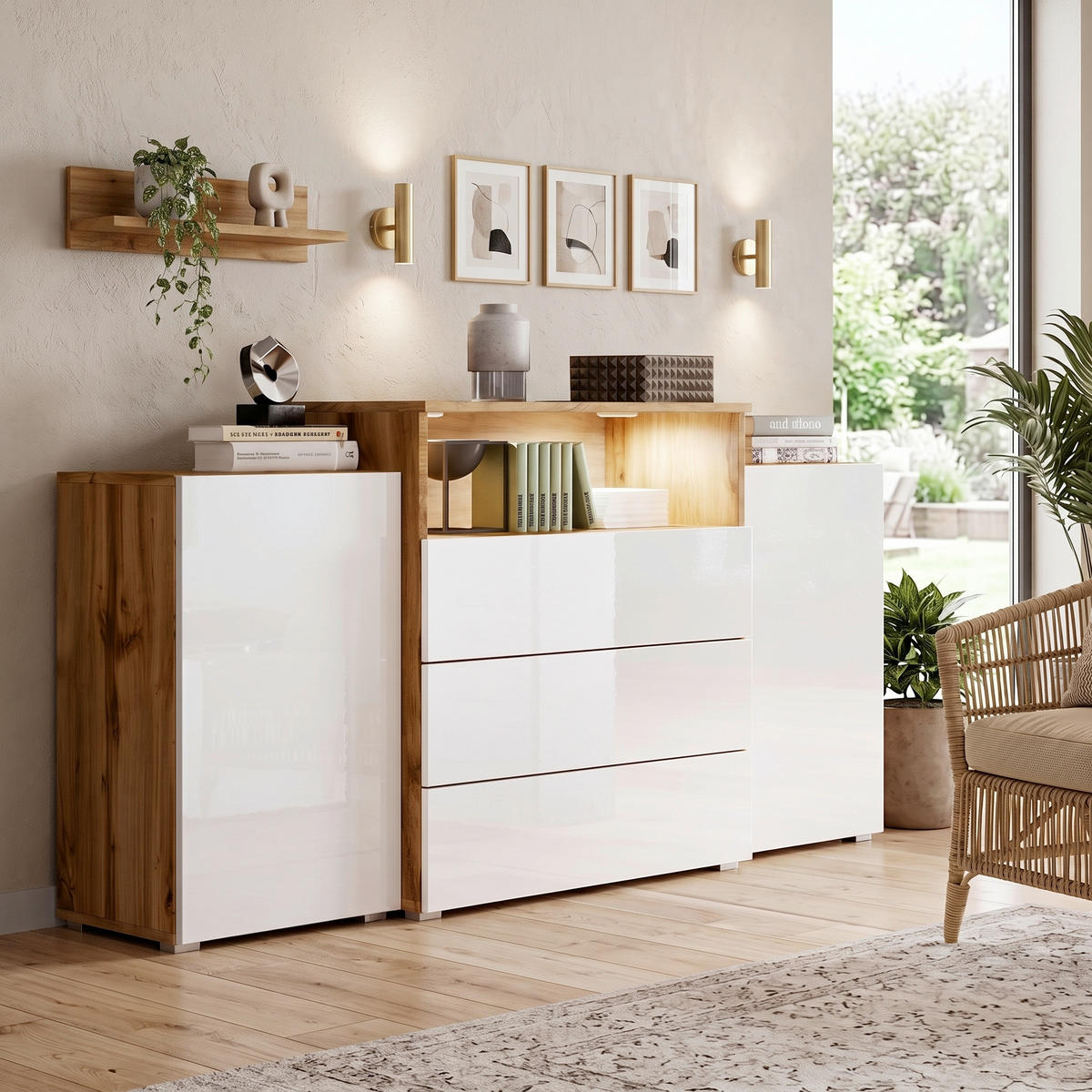 KOMODA   150/80,7/39 cm   hrast Wotan, bijela visoki sjaj  - siva/bijela visoki sjaj, Lifestyle, drvni materijal/plastika (150/80,7/39cm) - P & B