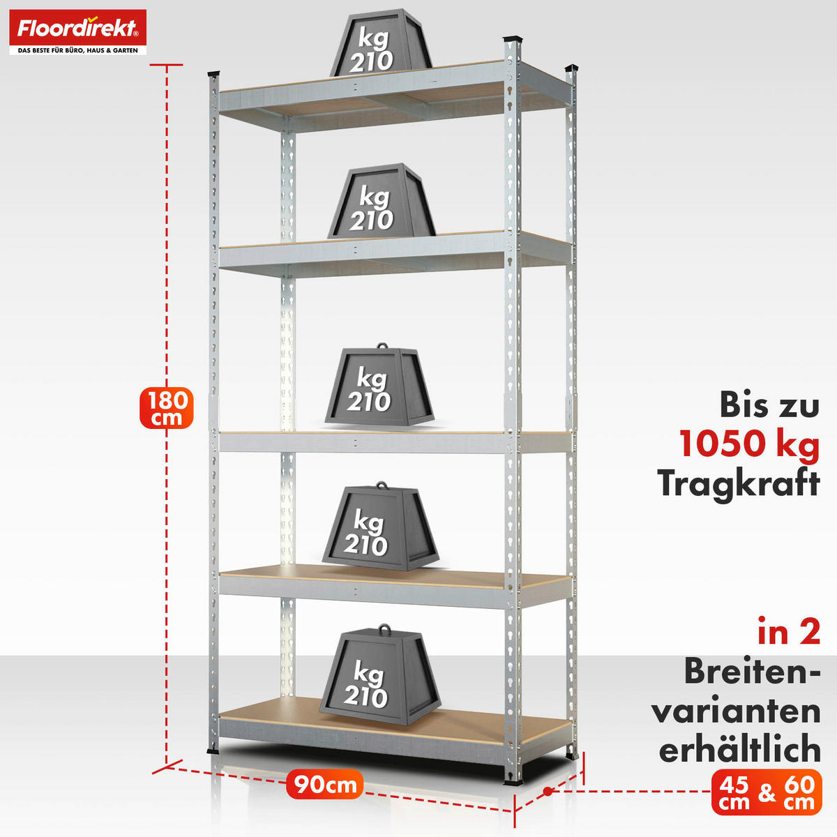 SCHWERLASTREGAL 90/180/45 cm  - Zinkfarben, Basics, Naturmaterialien/Metall (90/180/45cm) - Floordirekt