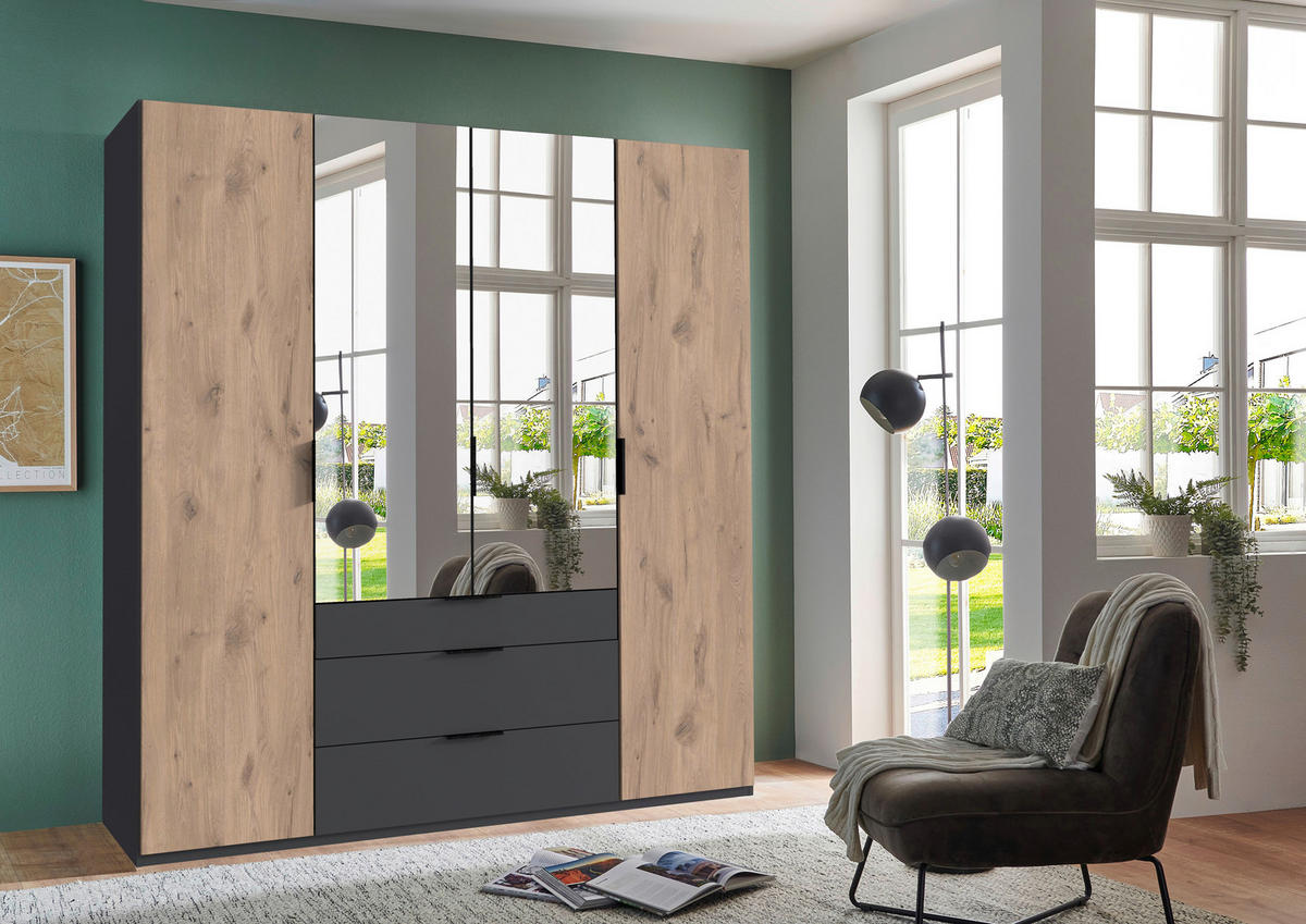 DREHTÜRENSCHRANK in Graphitfarben, Klar, Eichefarben  - Klar/Eichefarben, Modern, Glas/Holzwerkstoff (200/216/58cm) - Boxxx