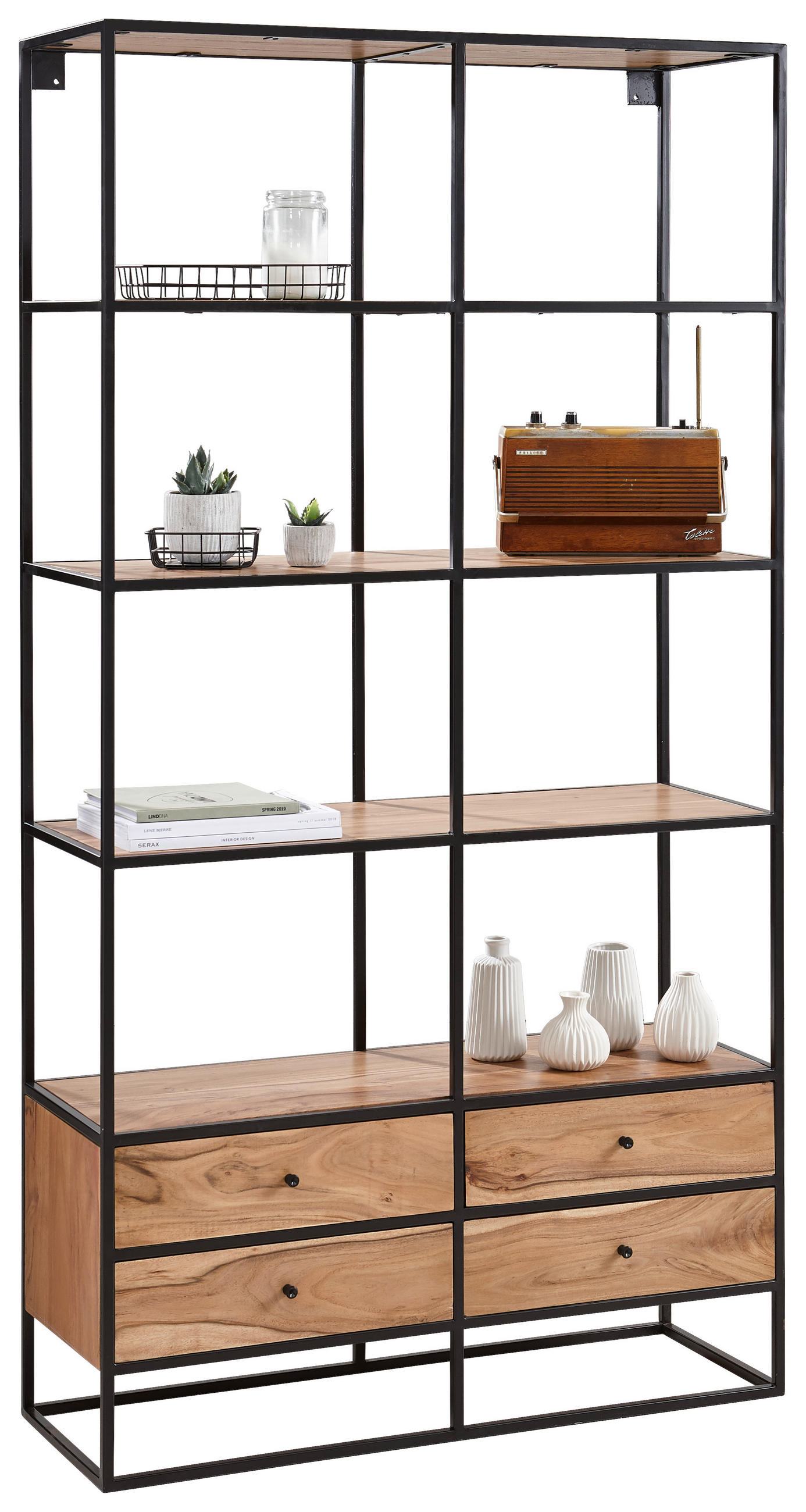 REGÁL, čierna, farba akácie, železo, akácia, 100/188/35 cm - čierna/farba akácie, Trend, kov/drevo (100/188/35cm) - Landscape