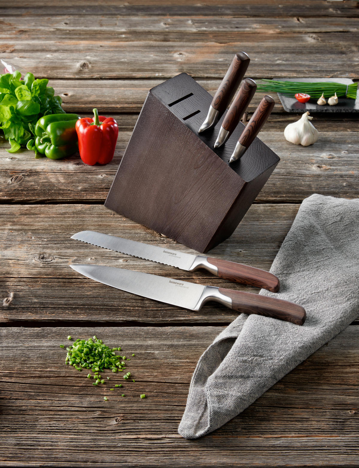 MESSERBLOCK 6-teilig  - Edelstahlfarben/Eschefarben, Basics, Holz/Metall - Homeware Profession.