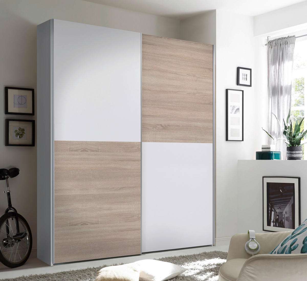 OMARA Z DRSNIMI VRATI, bela, hrast sonoma  - barve hrasta/bela, Design, kovina/leseni material (170/195/57,5cm) - P & B