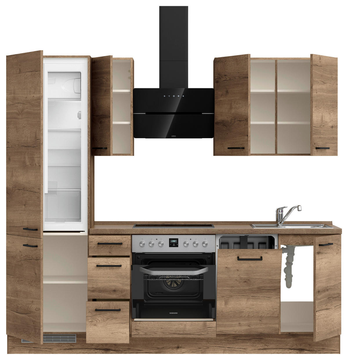 BUCĂTĂRIE FĂRĂ ELECTROCASNICE  - stejar închis la culoare/negru, Modern, metal/material pe bază de lemn (240cm) - Nobilia