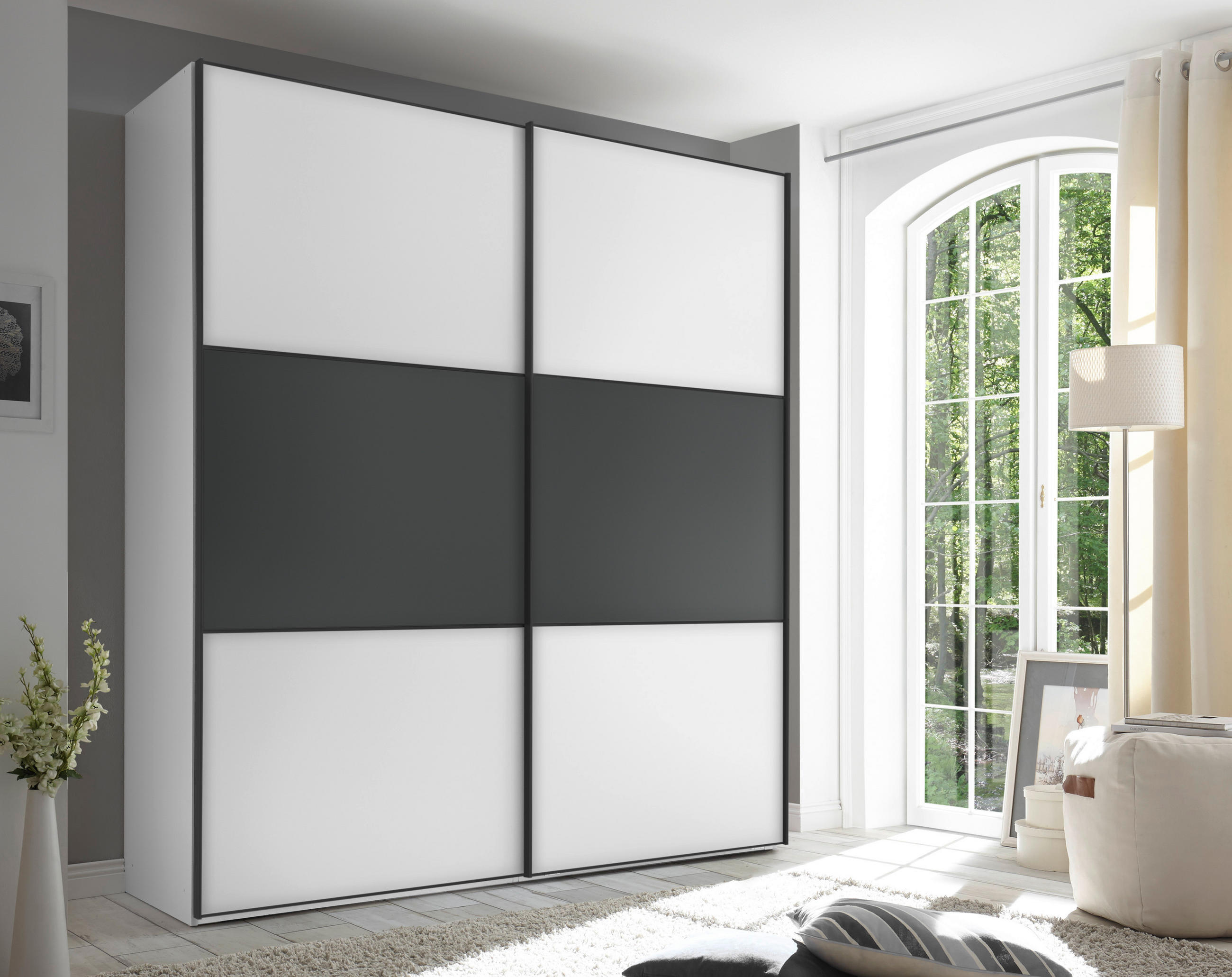 SCHWEBETÜRENSCHRANK  in Anthrazit, Weiß  - Anthrazit/Schwarz, Holzwerkstoff/Metall (200/222/68cm) - Moderano
