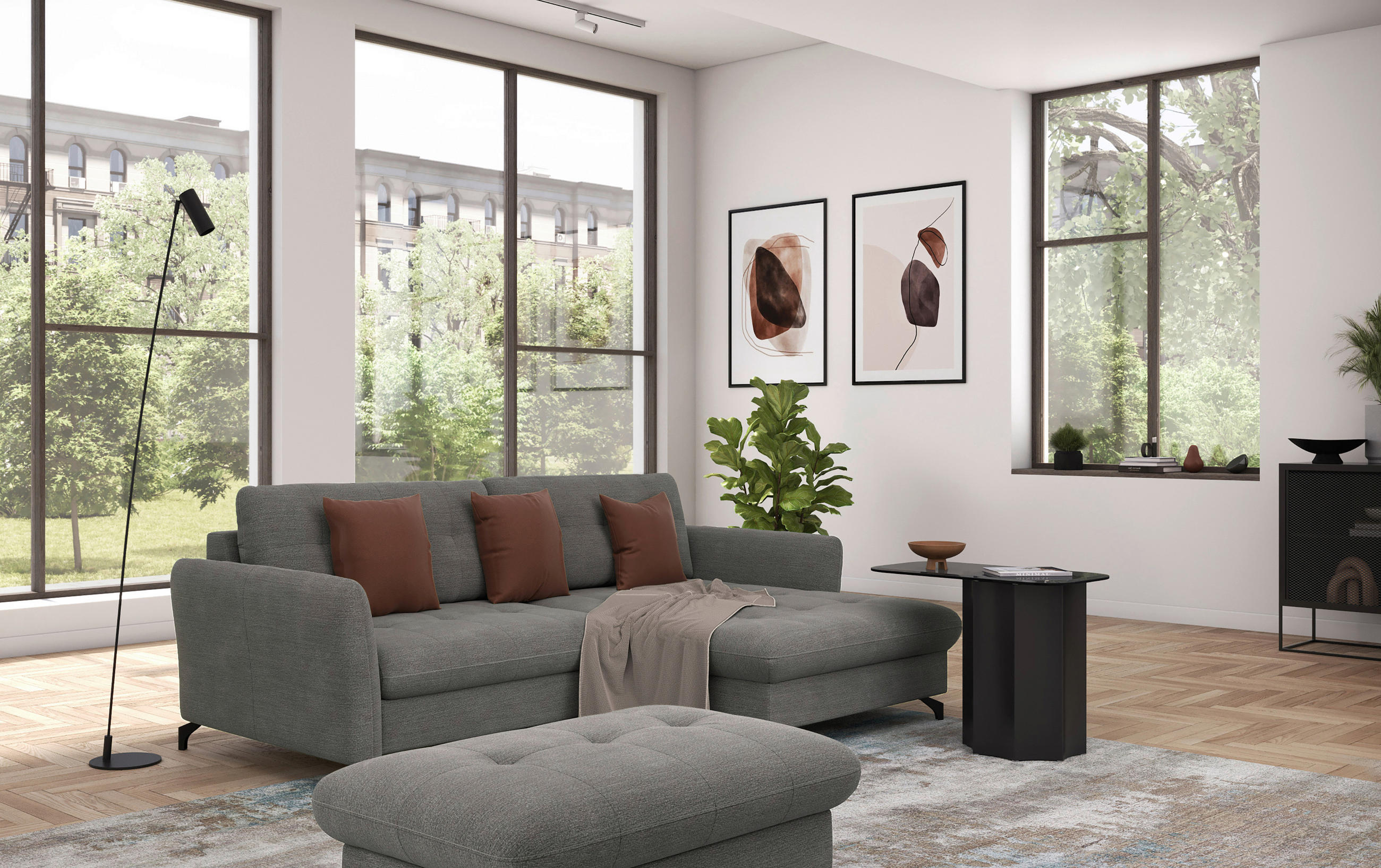 ECKSOFA in Flachgewebe, Leinenoptik Dunkelgrau  - Dunkelgrau/Schwarz, Design, Textil/Metall (242/170cm) - Xora