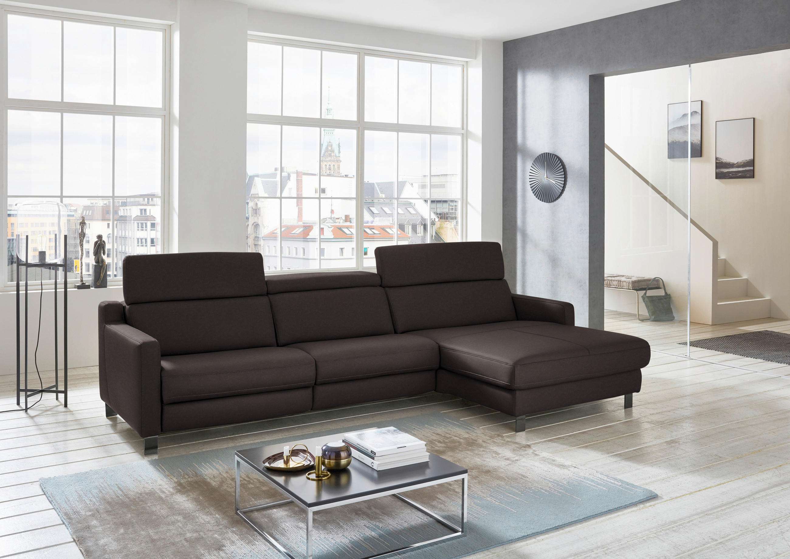 ECKSOFA in Echtleder Mokka  - Schwarz/Mokka, Design, Leder/Metall (291/176cm) - Valdera