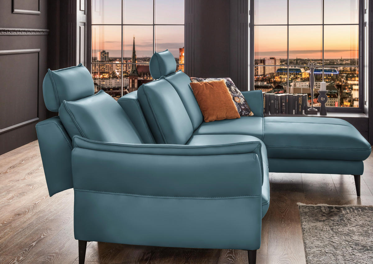ECKSOFA in Echtleder Blau  - Blau/Schwarz, Design, Leder/Metall (334/172cm) - Hukla