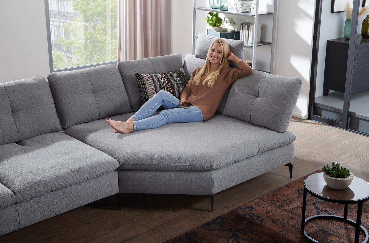 ECKSOFA Hellgrau Flachgewebe  - Hellgrau/Schwarz, Design, Textil/Metall (344/159cm) - Chilliano