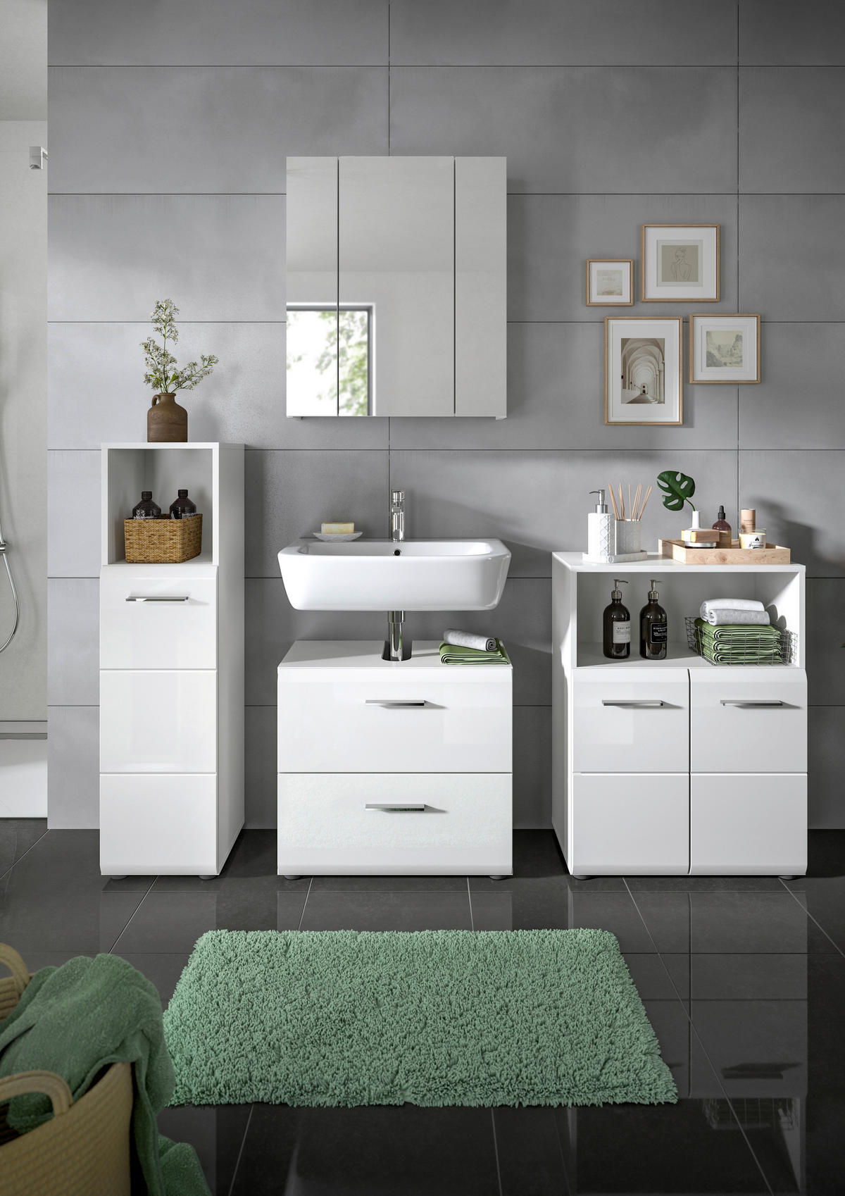 BADEZIMMER 4-teilig  in 150 cm  - Weiß Hochglanz/Silberfarben, MODERN, Glas/Holzwerkstoff (150cm) - MID.YOU