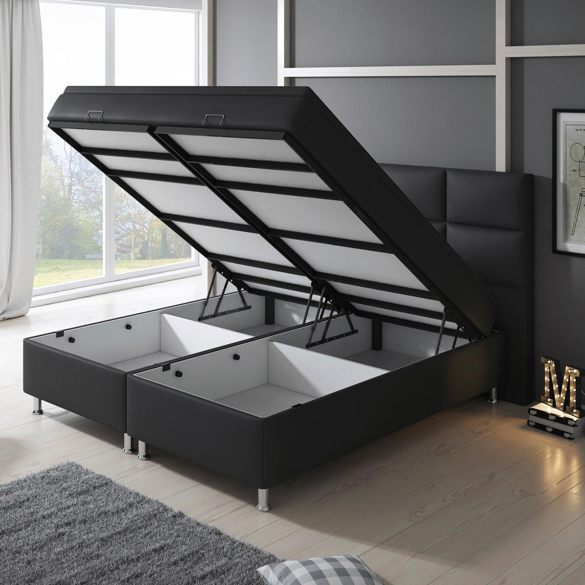 Boxspringbett mit Topper  in Schwarz  - Silberfarben/Schwarz, KONVENTIONELL, Leder/Textil (200/125/210cm) - MID.YOU