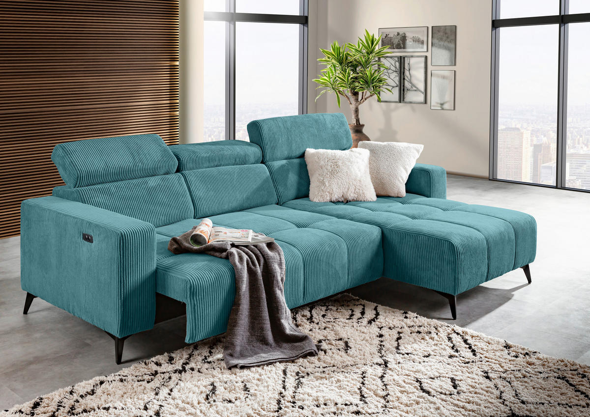 ECKSOFA Petrol Cord Rücken echt, Kopfteilverstellung, Sitzvorzug  - Petrol/Schwarz, KONVENTIONELL, Textil/Metall (257/170cm) - Carryhome