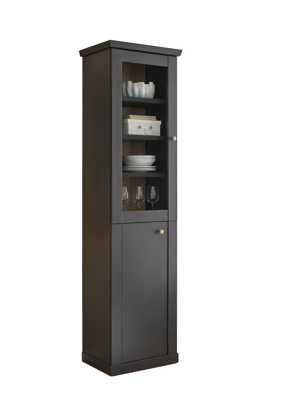 VITRINE  in Schwarz, Eichefarben  - Eichefarben/Messingfarben, Design, Holzwerkstoff/Metall (55/200/39cm) - MID.YOU