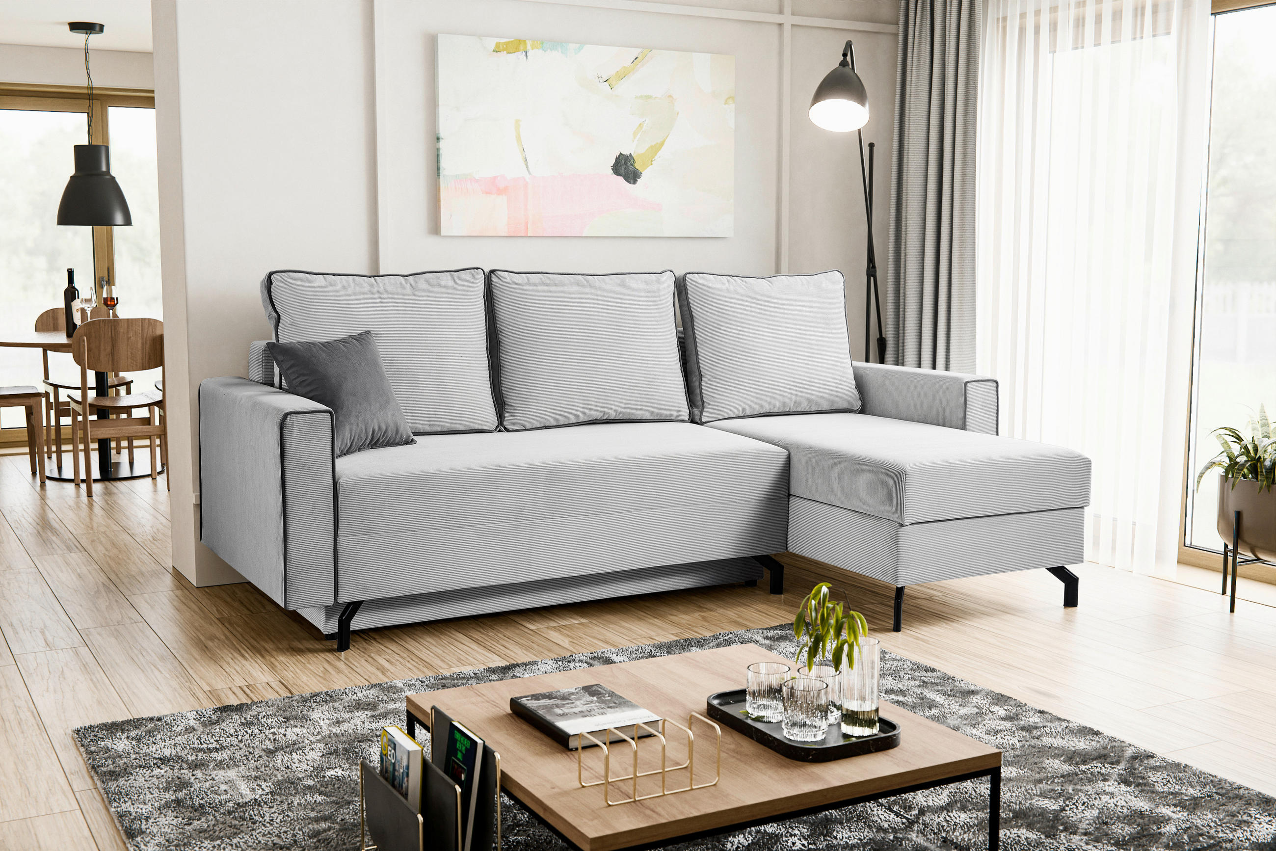 ECKSOFA MARTI Hellgrau Cord  - Hellgrau/Schwarz, Basics, Holz/Textil (230/148cm) - MID.YOU