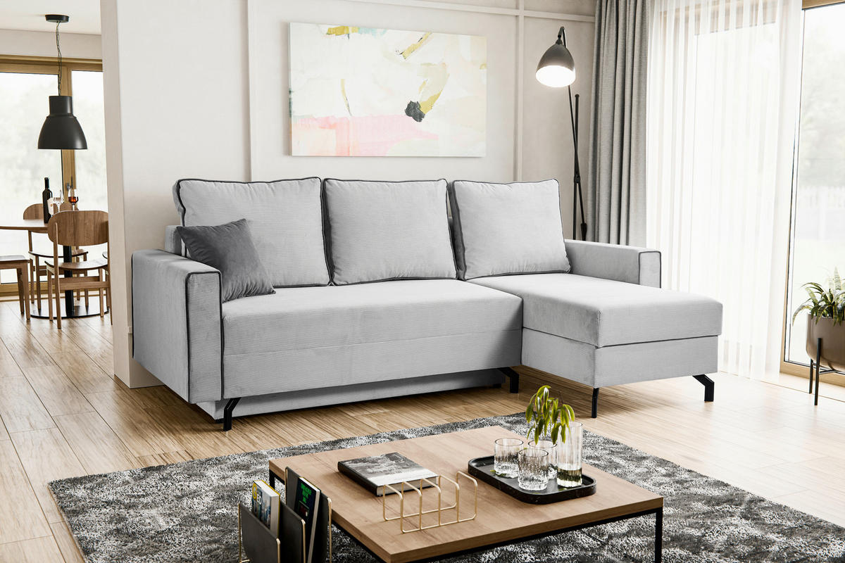 ECKSOFA MARTI Hellgrau Cord  - Hellgrau/Schwarz, Basics, Holz/Textil (230/148cm) - MID.YOU