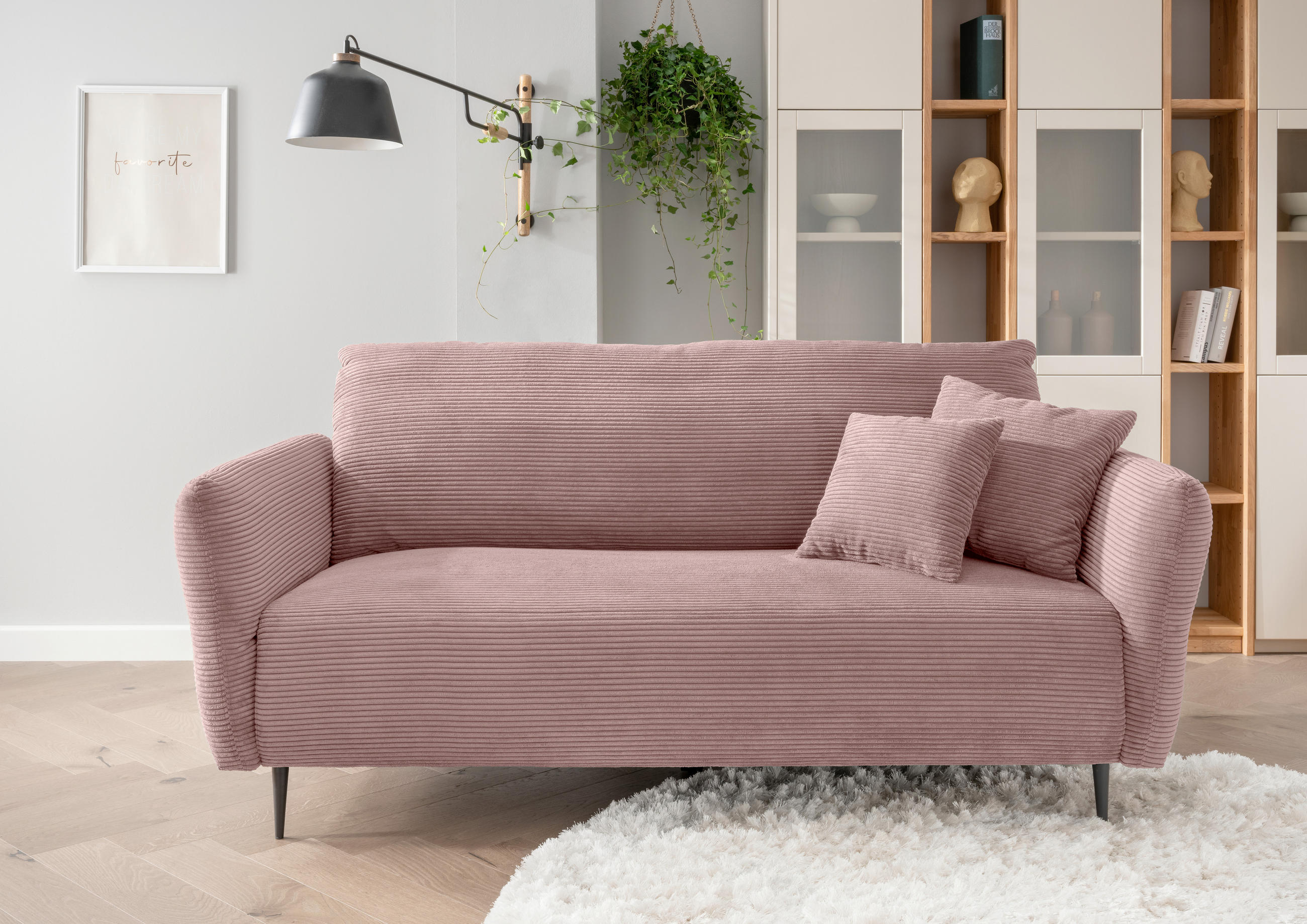 3-SITZER-SOFA in Cord Rosa - Schwarz/Rosa, Design, Textil/Metall (201/97/102cm) - Livetastic