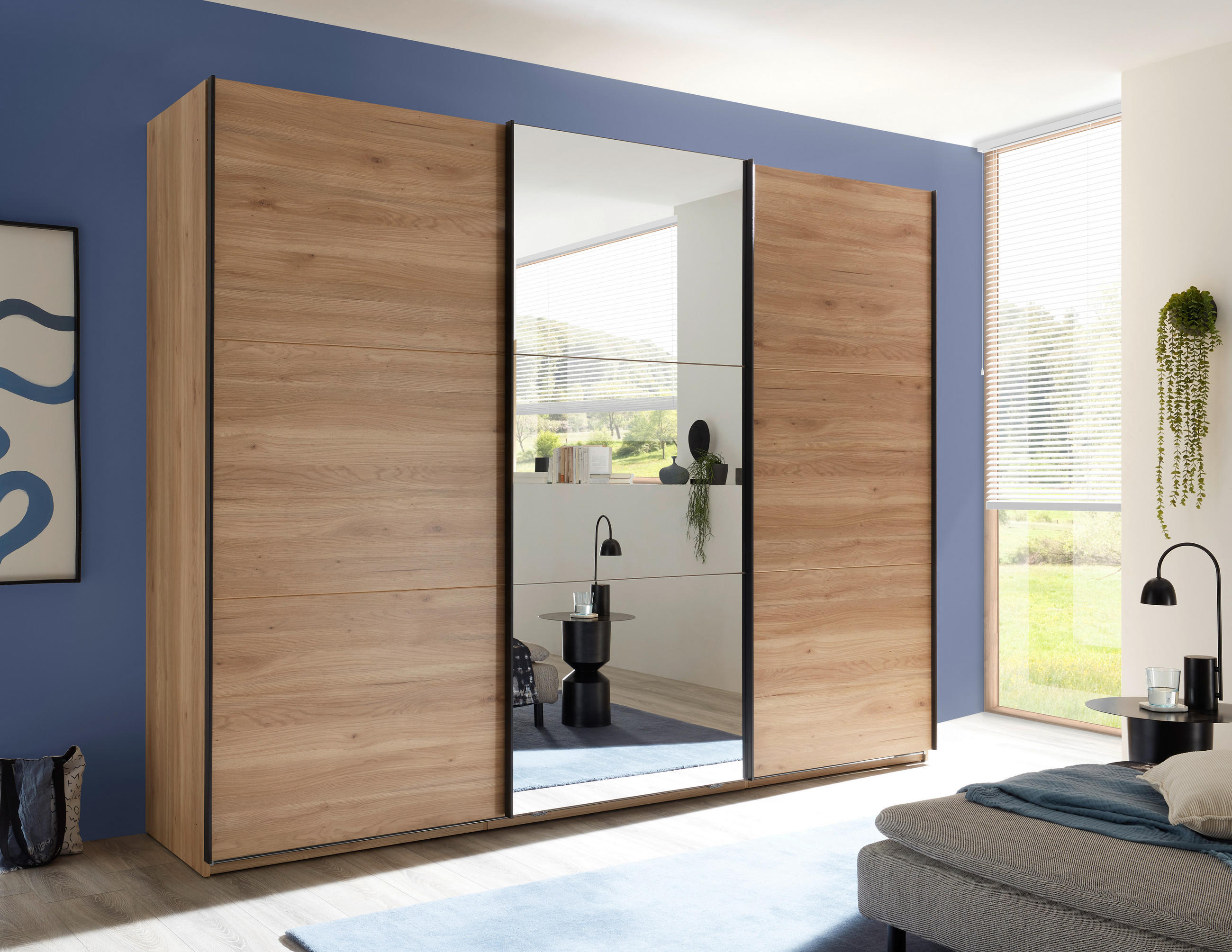 SCHWEBETÜRENSCHRANK  in Eichefarben  - Eichefarben/Schwarz, Basics, Glas/Holzwerkstoff (270/210/60cm) - Livetastic