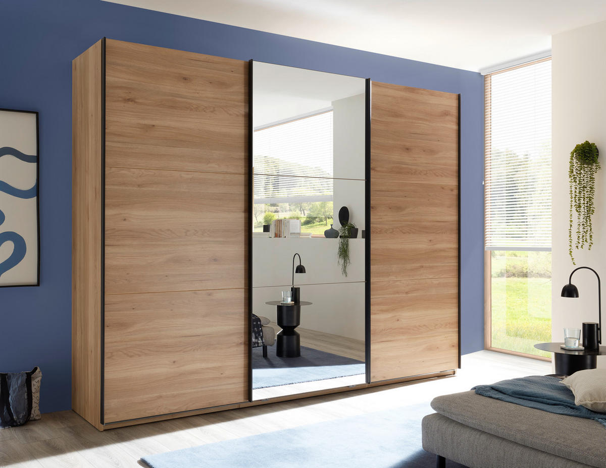 SCHWEBETÜRENSCHRANK in Eichefarben  - Eichefarben/Schwarz, Basics, Glas/Holzwerkstoff (270/210/60cm) - Livetastic
