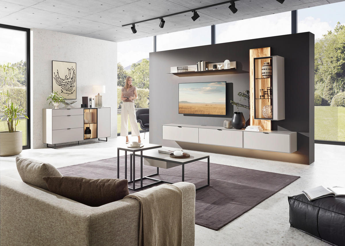 WOHNWAND  in Grau, Wildeiche 303,8/220,3/37,1 cm  - Wildeiche/Schwarz, Design, Glas/Holz (303,8/220,3/37,1cm) - Dieter Knoll