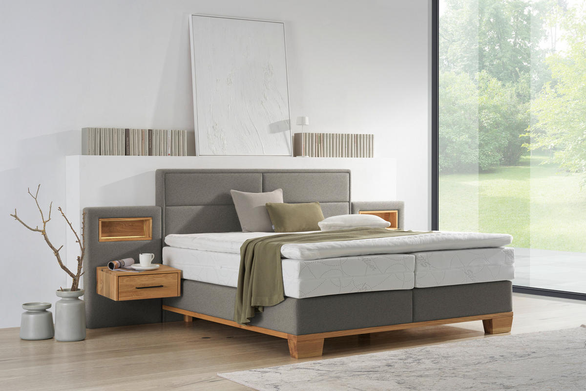 BOXSPRINGBETT 200/200 cm,  in Eichefarben, Blaugrau, Matratze, Topper, H3 = fest  - Eichefarben/Blaugrau, Natur, Holz/Textil (200/200cm) - Valnatura