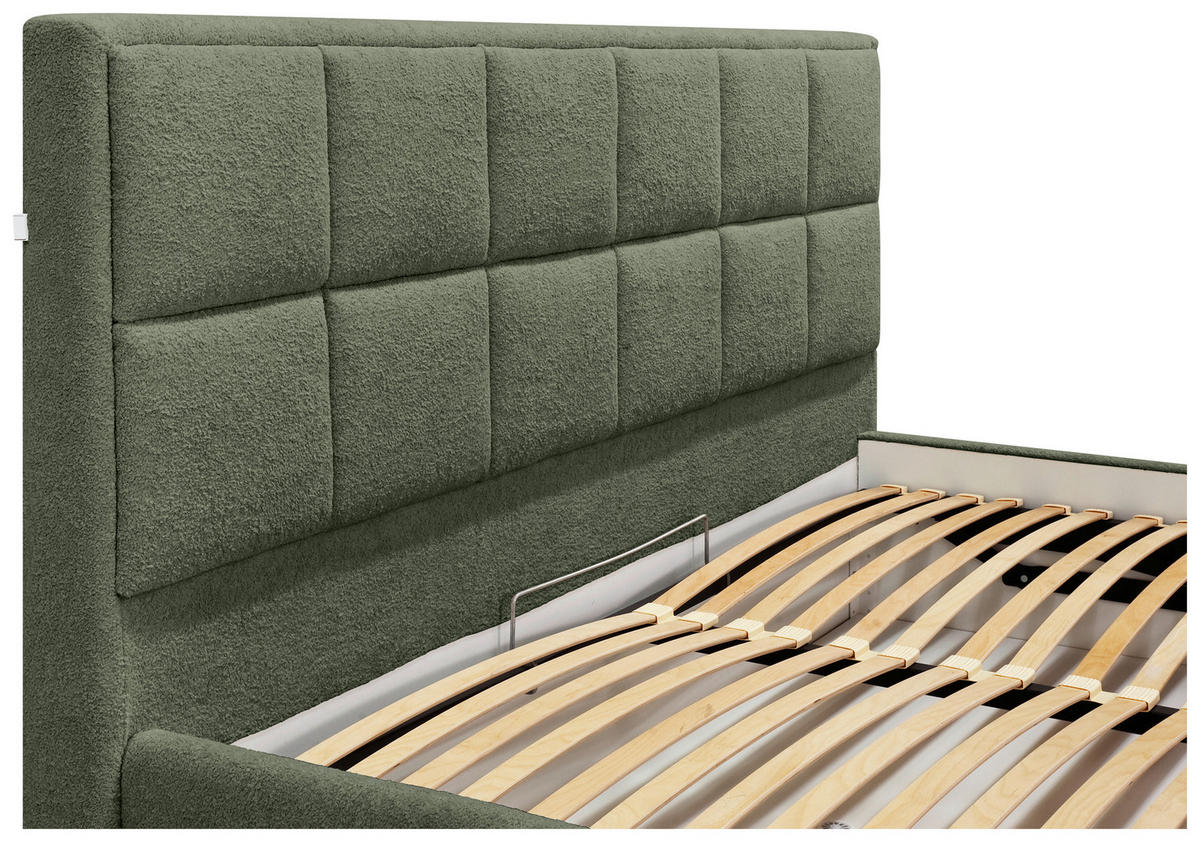 POLSTERBETT 140/200 cm,  in Grün, gepolstertes Kopfteil, Beleuchtung, Lattenrost, Bettkasten,  - Birkefarben/Schwarz, Design, Holz/Holzwerkstoff (140/200cm) - Chameo