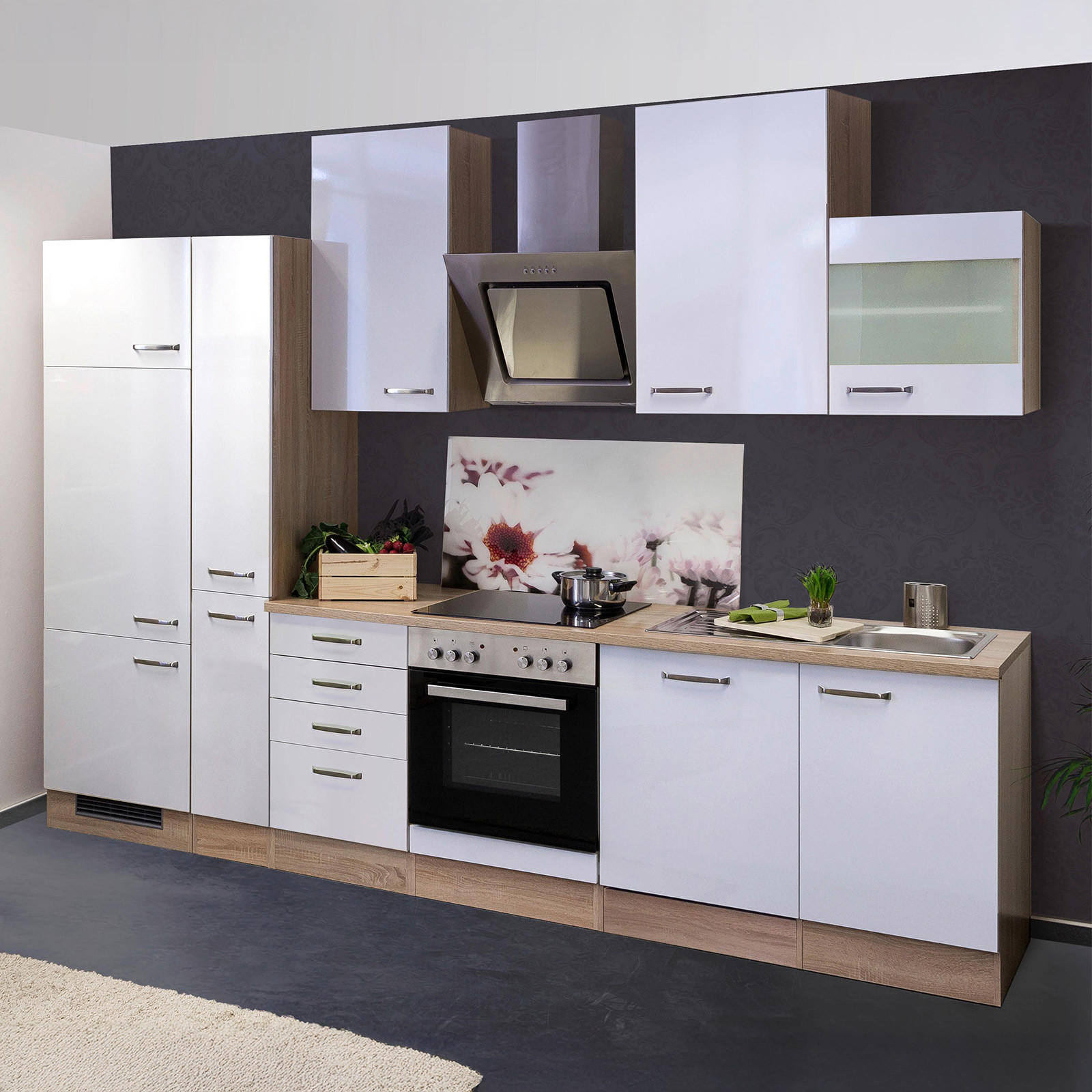 FlexWell Küchenblock Sonoma Eiche, Weiß Hochglanz 310 cm
