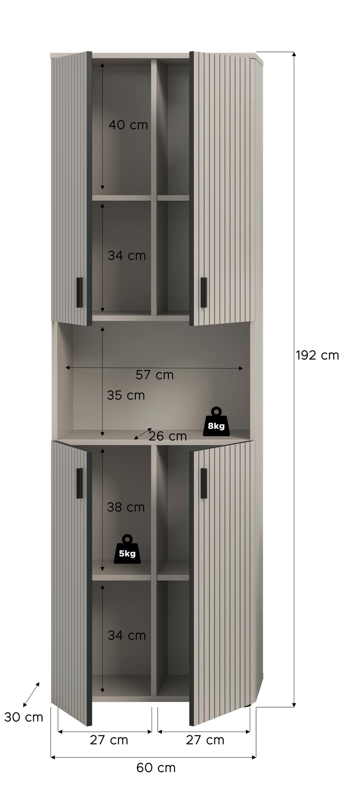 HOCHSCHRANK 60/192/30 cm  - Kaschmir/Schwarz, Trend, Holzwerkstoff/Kunststoff (60/192/30cm) - MID.YOU