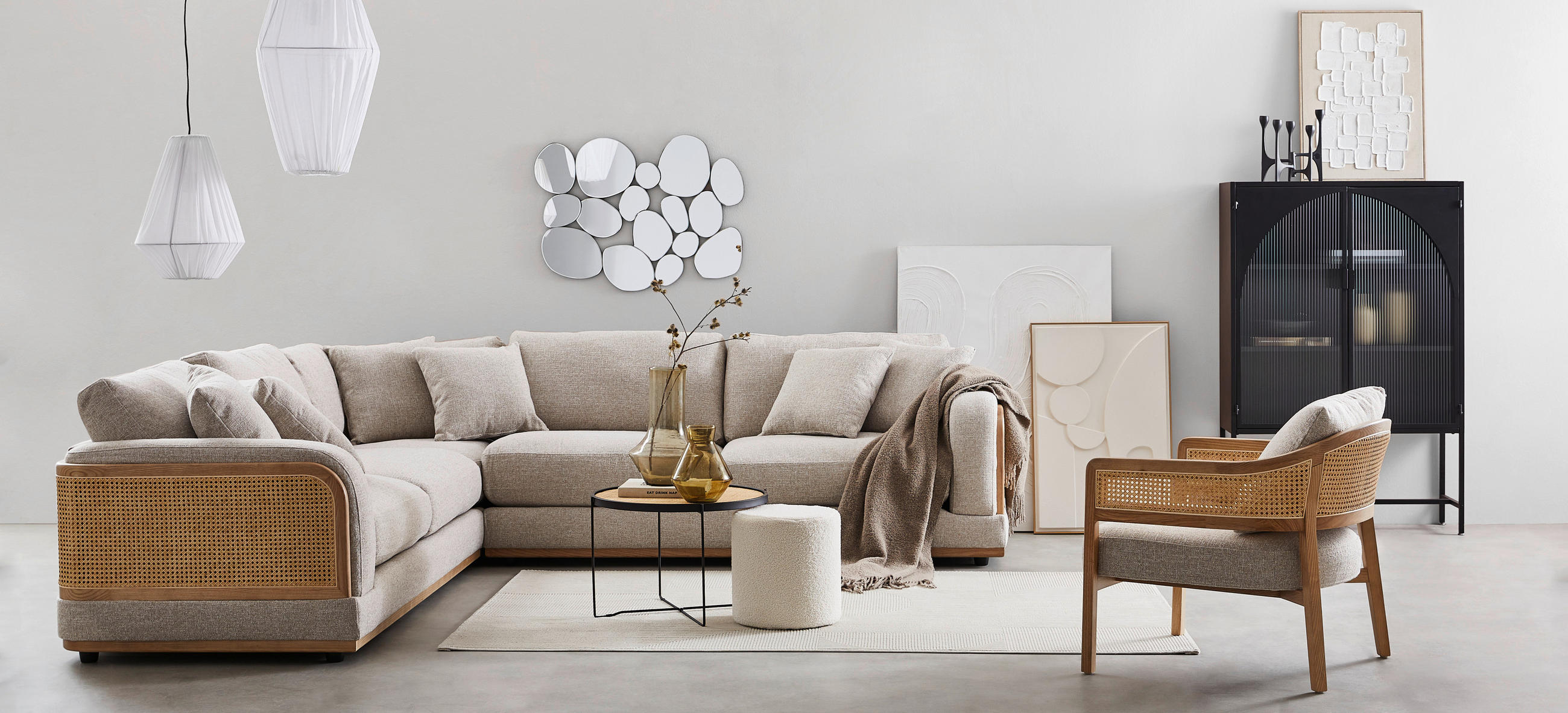 ECKSOFA WIENER GEFLECHT Beige, Creme Flachgewebe  - Beige/Creme, LIFESTYLE, Holz/Kunststoff (294/294cm) - Livetastic