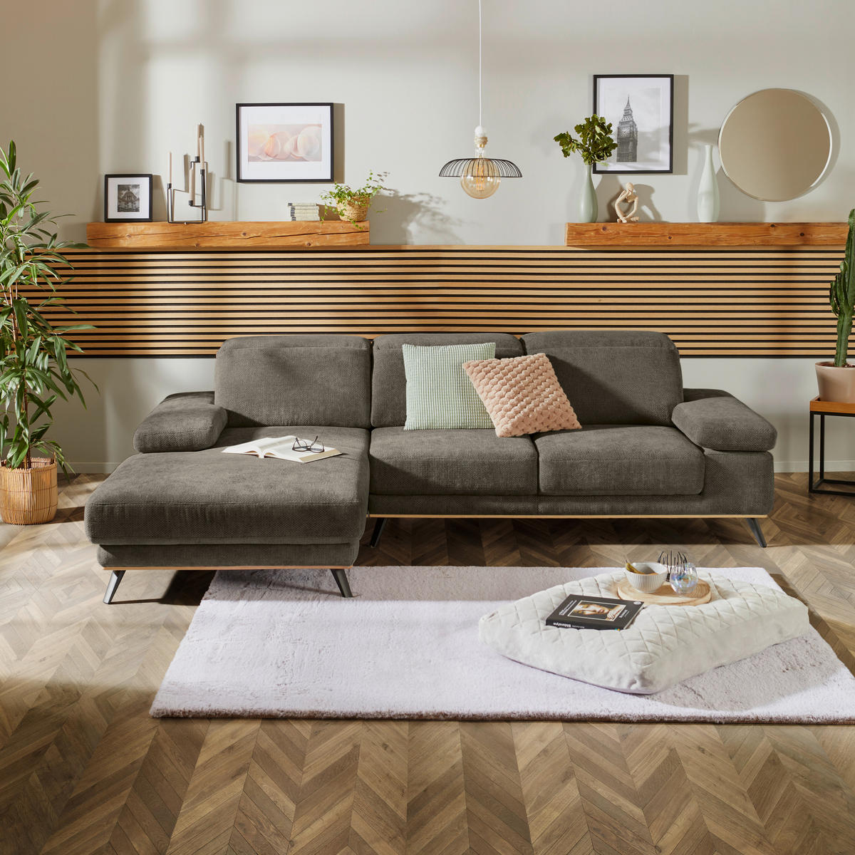ECKSOFA ROYCE Olivgrün Struktur  - Schwarz/Olivgrün, MODERN, Textil/Metall (194/283cm) - MID.YOU