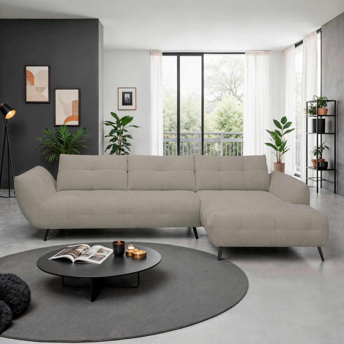 ECKSOFA Taupe Chenille Armlehnenkissen, Rücken echt, Sitztiefenverstellung  - Taupe/Schwarz, KONVENTIONELL, Textil/Metall (313/215cm) - Hom`in