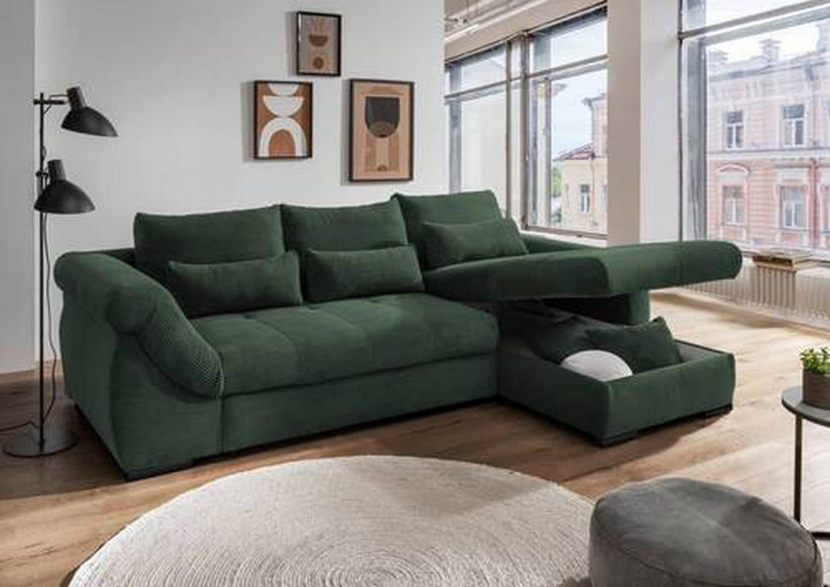 ECKSOFA in Cord Dunkelgrün  - Dunkelgrün/Schwarz, Modern, Holz/Textil (302/188cm) - MID.YOU
