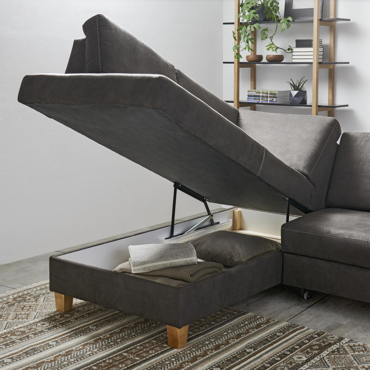 ECKSOFA inkl.Funktionen Graubraun Flachgewebe  - Eichefarben/Graubraun, Design, Holz/Textil (253/185cm) - Cantus