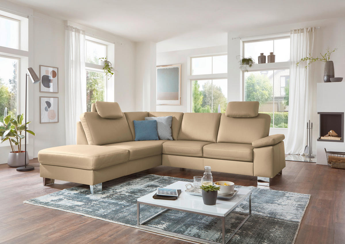 ECKSOFA  in Echtleder Beige  235/248 cm  - Beige/Alufarben, Design, Leder/Metall (235/248cm) - Beldomo Premium