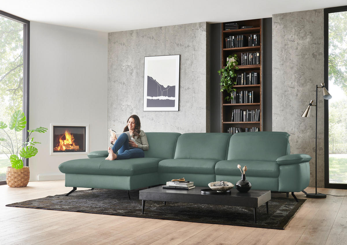 ECKSOFA  Echtleder Opal  - Opal/Schwarz, Design, Leder/Metall (169/307cm) - Beldomo Premium