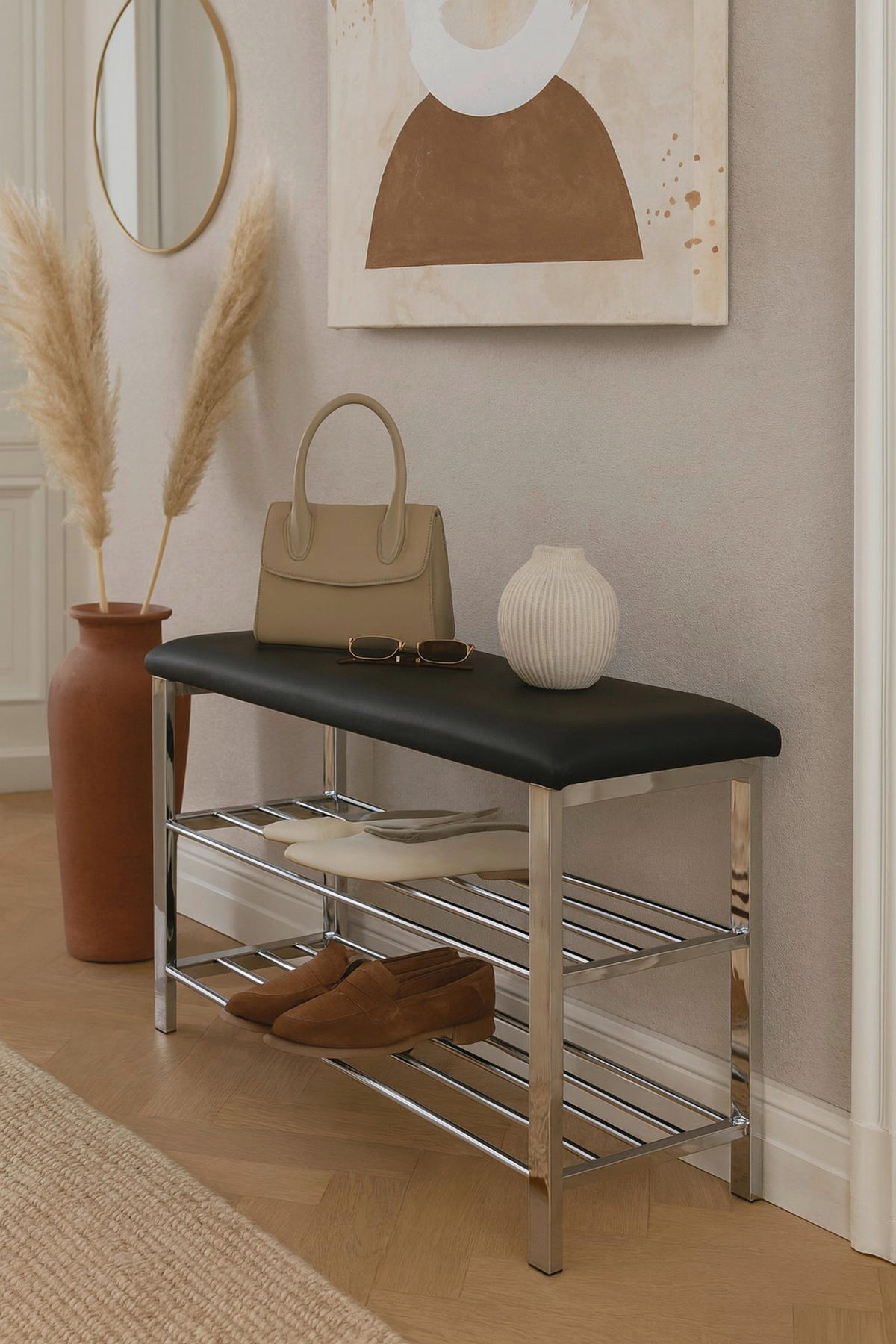 SCHUHBANK  in 80/50/30 cm  - Chromfarben/Schwarz, Design, Textil/Metall (80/50/30cm) - MID.YOU