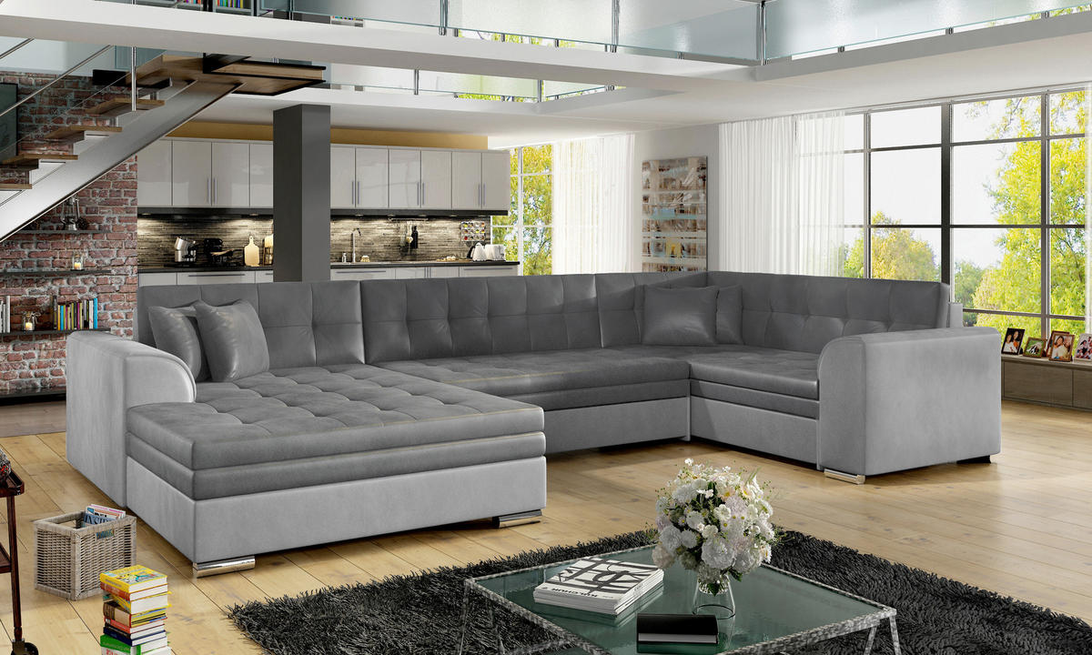 WOHNLANDSCHAFT Samt Grau, Hellgrau  - Chromfarben/Hellgrau, Design, Textil/Metall (189/338/189cm) - MID.YOU