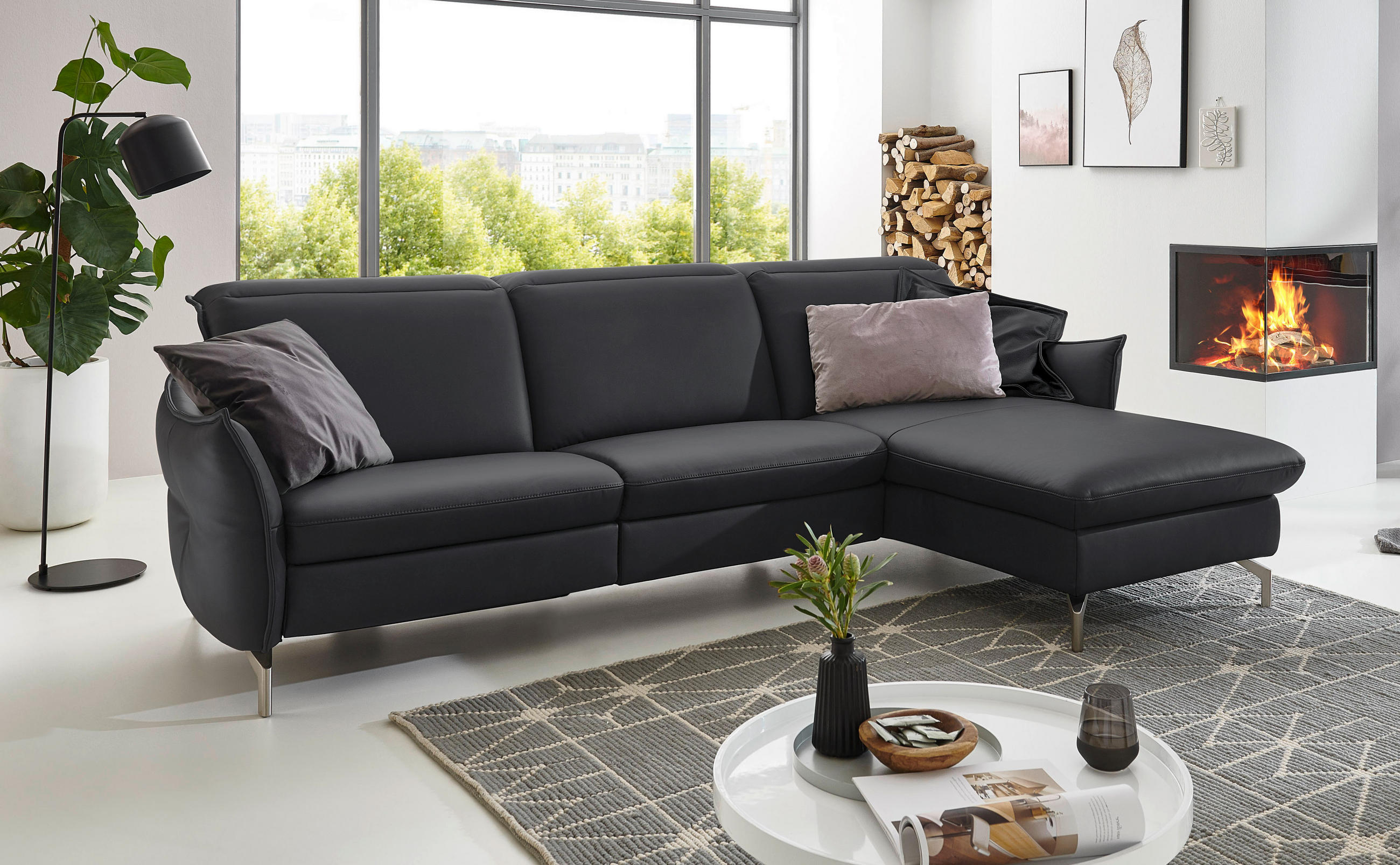 ECKSOFA in Echtleder Anthrazit  - Anthrazit/Nickelfarben, Modern, Leder/Metall (263/179cm) - Livetastic