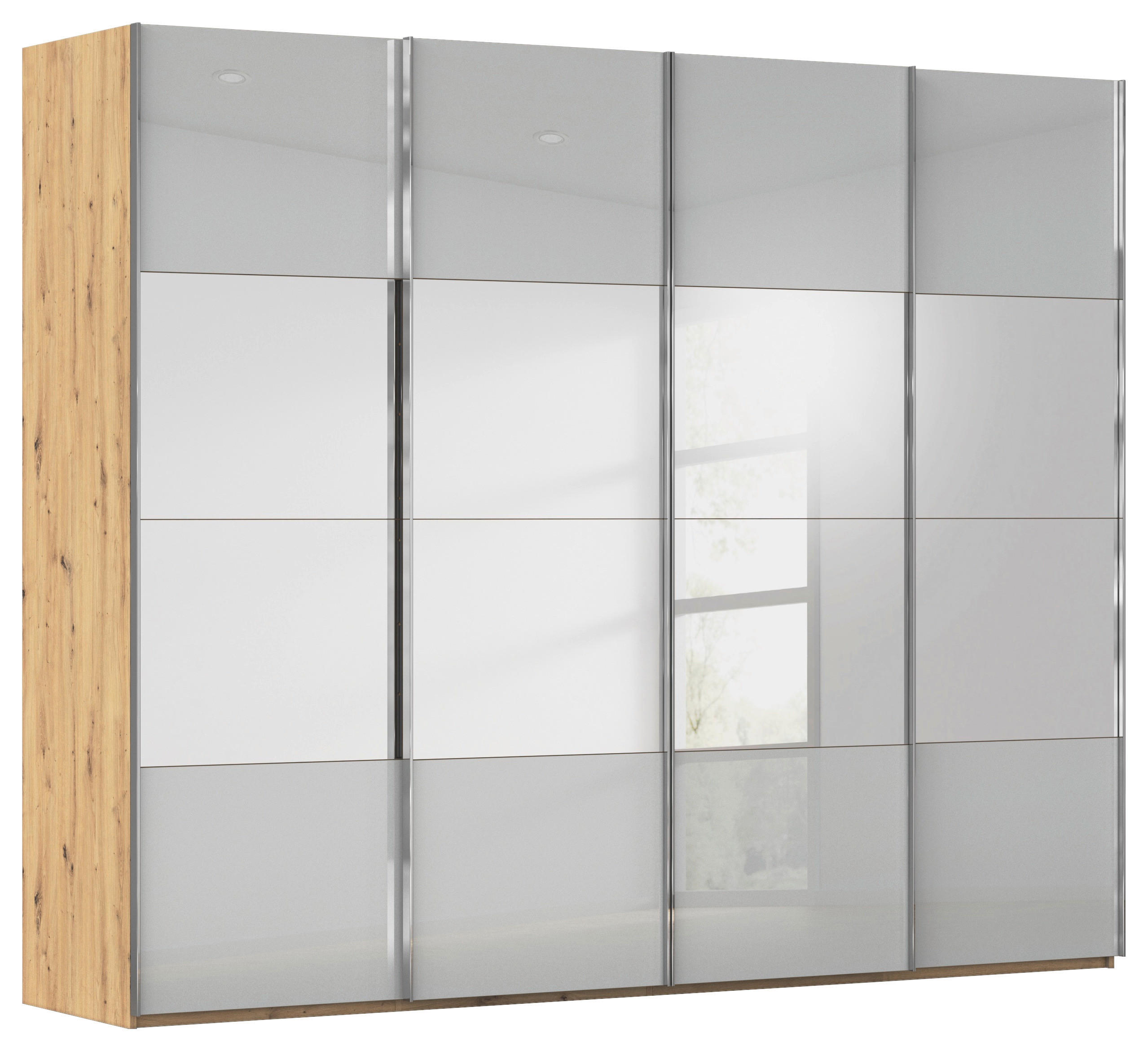 SCHWEBETÜRENSCHRANK 271/223/68 cm 4-türig Grau, Eiche Artisan  - Chromfarben/Eiche Artisan, Design, Glas/Holzwerkstoff (271/223/68cm) - Novel