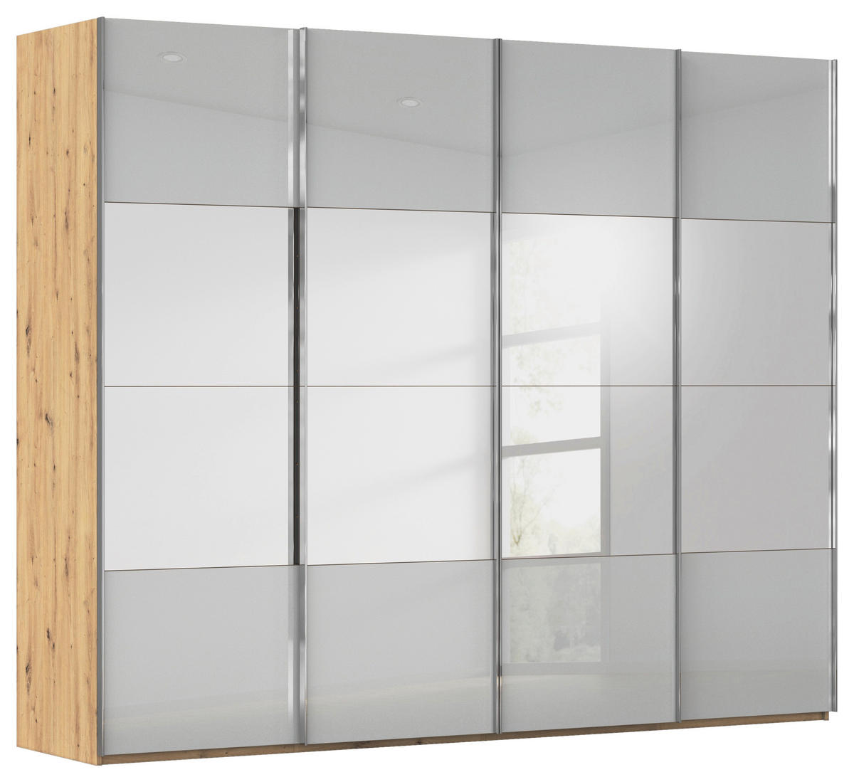 SCHWEBETÜRENSCHRANK 271/223/68 cm 4-türig Grau, Eiche Artisan  - Chromfarben/Eiche Artisan, Design, Glas/Holzwerkstoff (271/223/68cm) - Novel