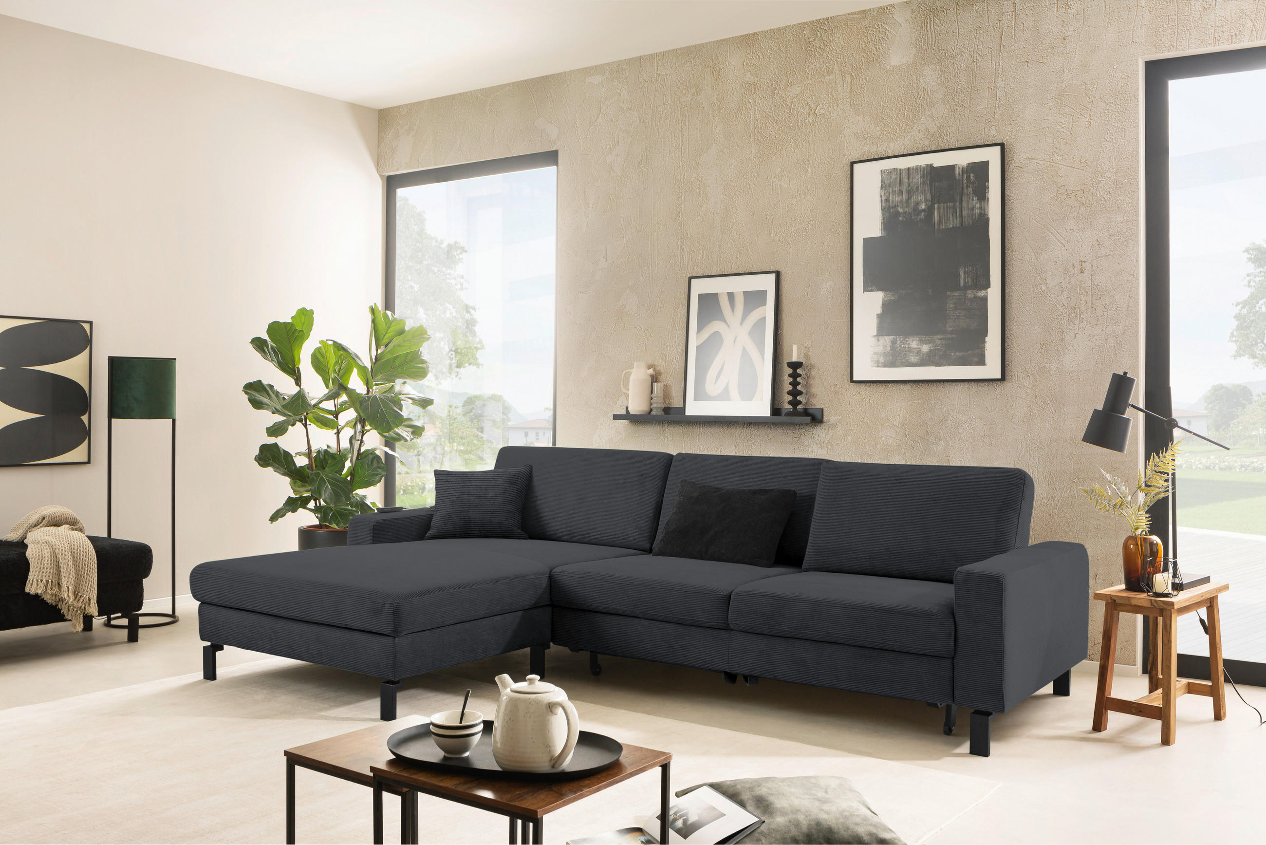 ECKSOFA in Cord Anthrazit  - Anthrazit/Schwarz, Design, Textil/Metall (185/298cm) - Pure Home Lifestyle