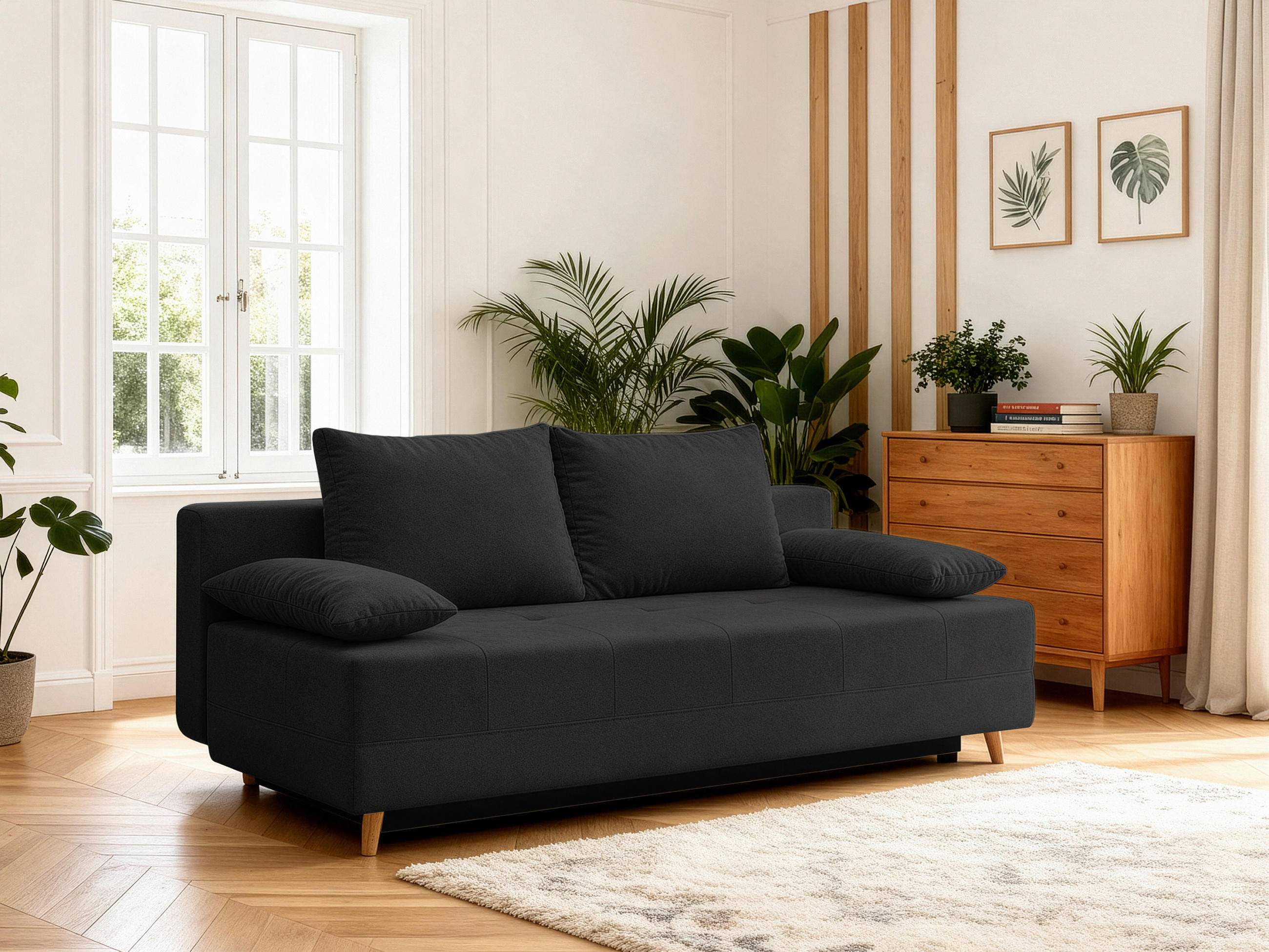 SCHLAFSOFA LUMOS Samt Schwarz  inkl. Rückenkissen, Armlehnenkissen, Schlaffunktion, Rücken echt, Stauraum  - Schwarz/Naturfarben, Design, Textil (206/96/96cm) - P & B