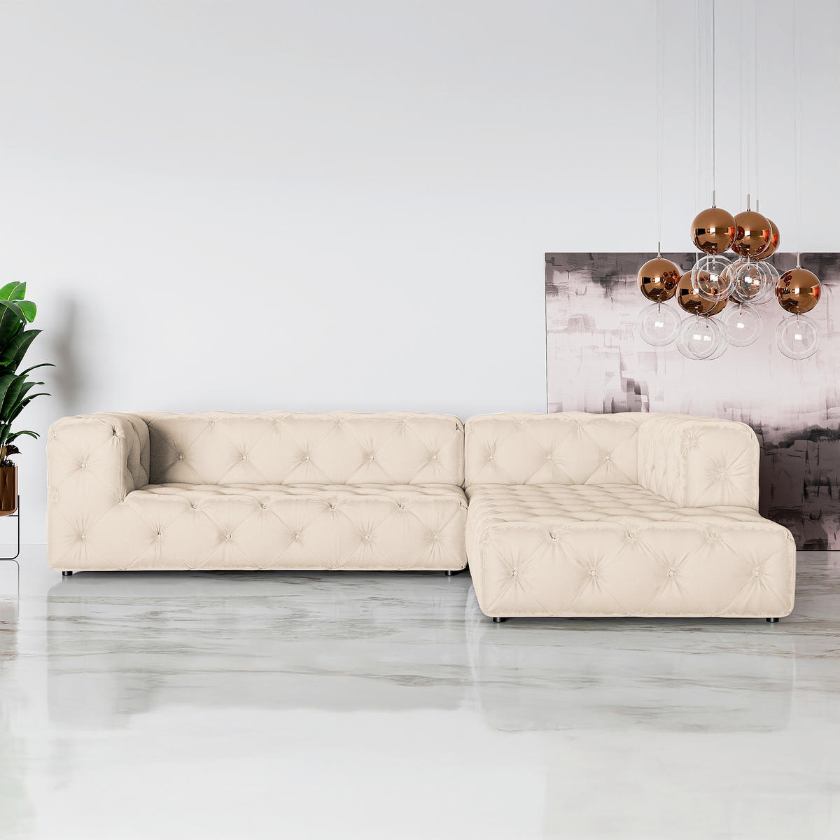 ECKSOFA Fresco in Samt Creme  325/228 cm  - Creme/Schwarz, Design, Kunststoff/Textil (325/228cm) - P & B