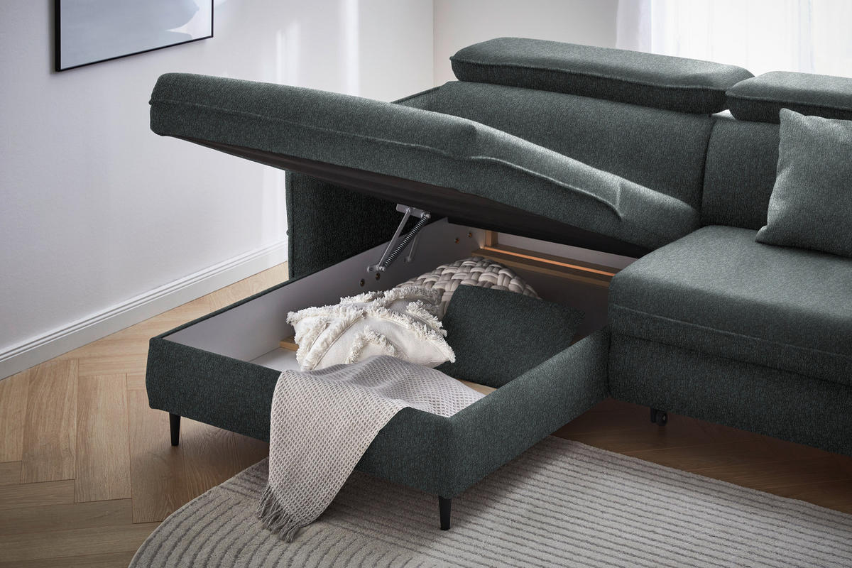ECKSOFA in Struktur Petrol  - Petrol/Schwarz, Design, Holz/Textil (185/232cm) - Stylife