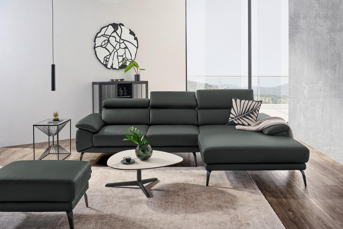 ECKSOFA in Echtleder Dunkelgrau  - Dunkelgrau/Schwarz, Design, Leder/Metall (295/187cm) - Novel