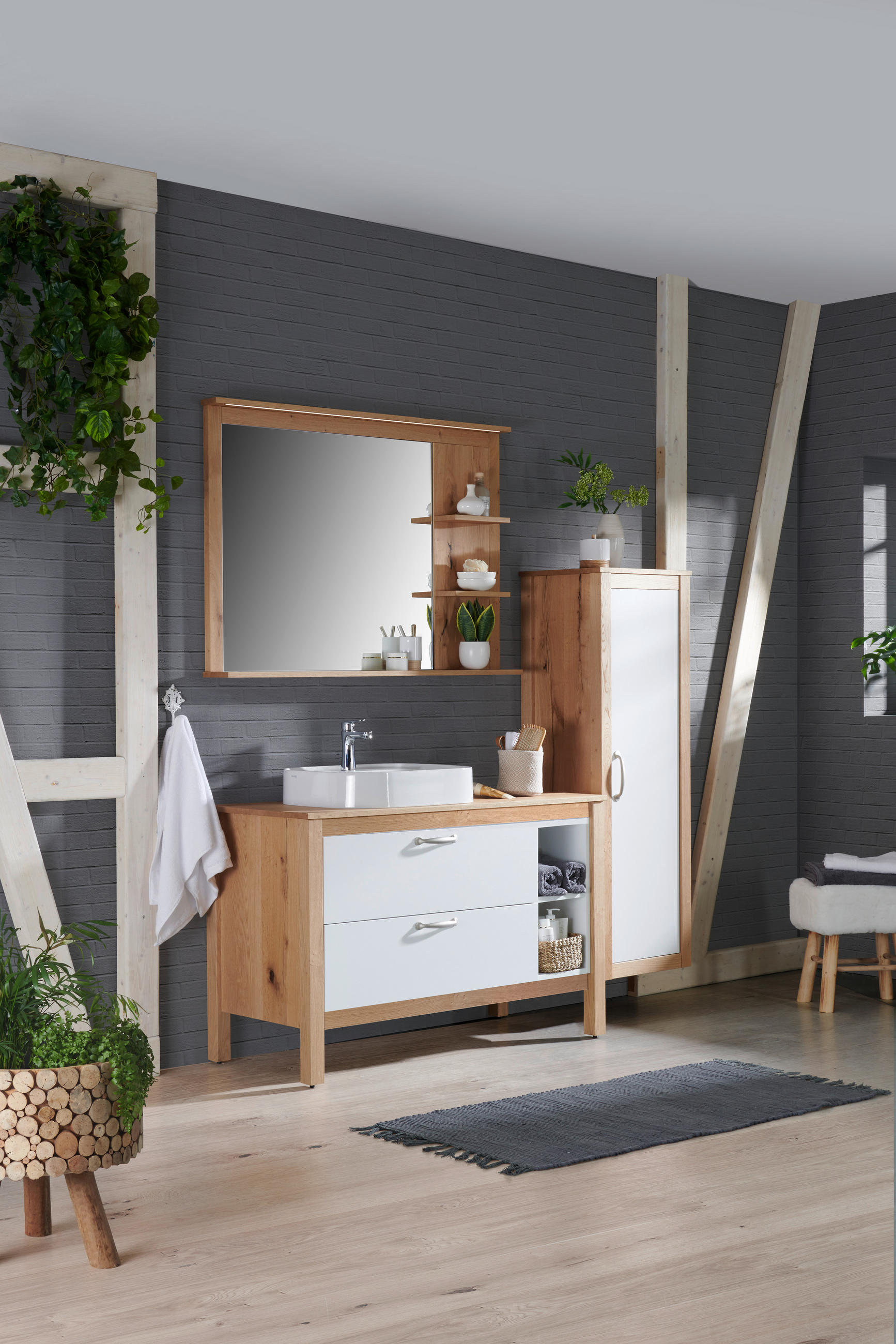 MIDISCHRANK 45/135/37,5 cm  - Weiss/Eichefarben, Modern, Glas/Holz (45/135/37,5cm) - Landscape